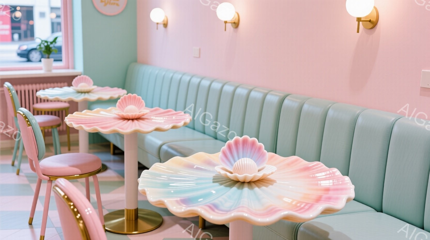 パステルカラーを基調とした、可愛らしいカフェの内部です。貝殻を模したテーブルが特徴的で、ピンクと水色の椅子とソファが配置されています。壁は淡いピンク色で、ゴールドの照明がアクセントとなり、全体的に柔ら - AI生成フリー素材