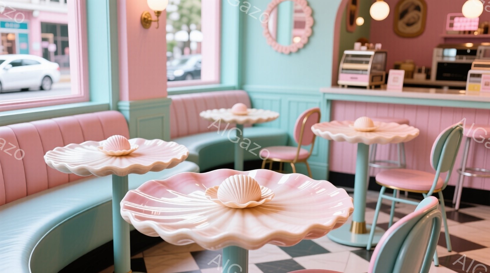 淡いピンクとミントグリーンの内装が印象的なカフェの内部です。貝殻をモチーフにした可愛らしいテーブルが並び、チェック柄の床がレトロな雰囲気を醸し出しています。窓から差し込む光が暖かく、優雅で穏やかな時間が流れているような空間です。