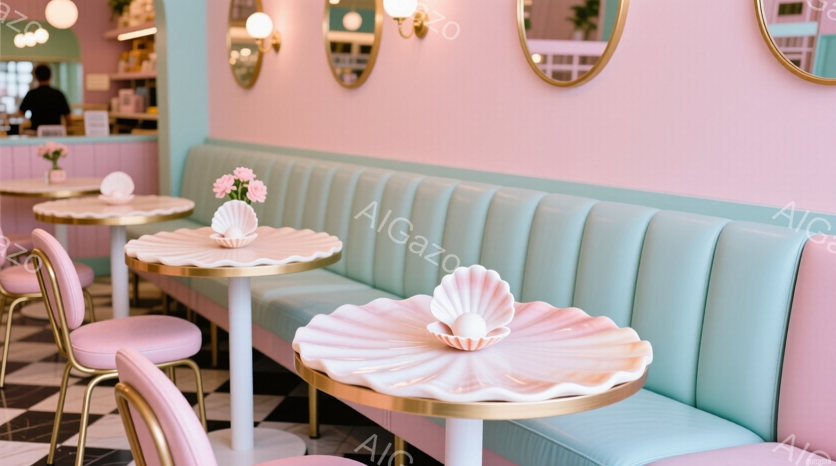 明るいピンクと水色の内装が印象的なカフェの内部です。貝殻の形をしたテーブルに、小さな白い器に入った花が飾られています。チェック柄の床と、壁に取り付けられた貝殻模様の鏡が、可愛らしい雰囲気を醸し出してい - AI生成フリー素材