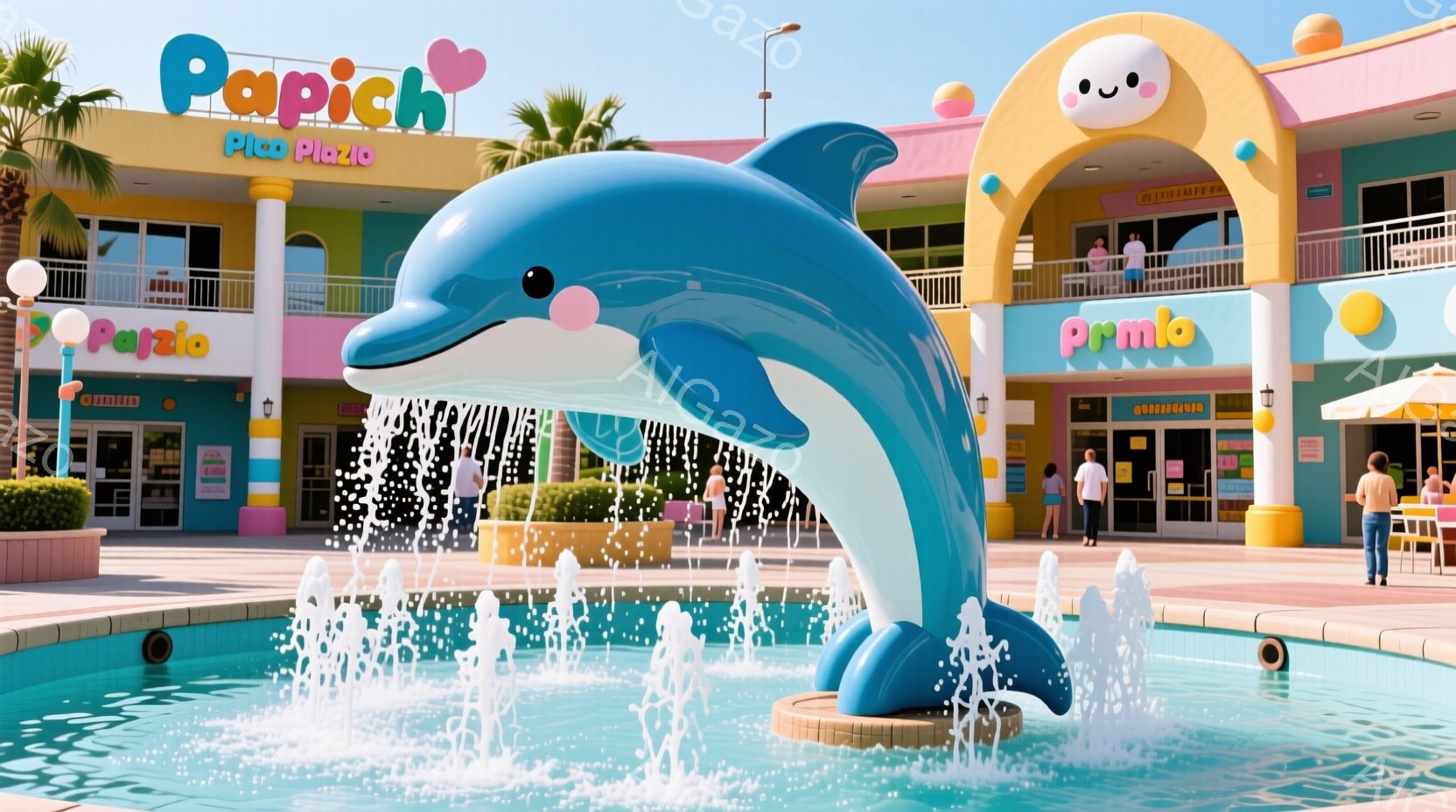 明るい青色のイルカの噴水が公園の中心にあります。背景にはピンクと水色の建物が立ち並び、暖かい日差しが降り注いでいます。人々はカラフルな服装で、リラックスした雰囲気の中で散歩や休憩を楽しんでいます。 - AI生成フリー素材