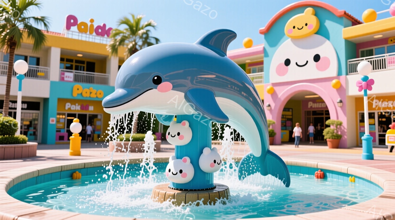 鮮やかな青色のイルカの噴水が、円形の水盤の中心にそびえ立っています。背景には、パステルカラーの可愛らしい建物が並び、太陽の光が降り注ぎ、暖かい雰囲気です。数人の人々が遠くにいますが、詳細は不明瞭です。