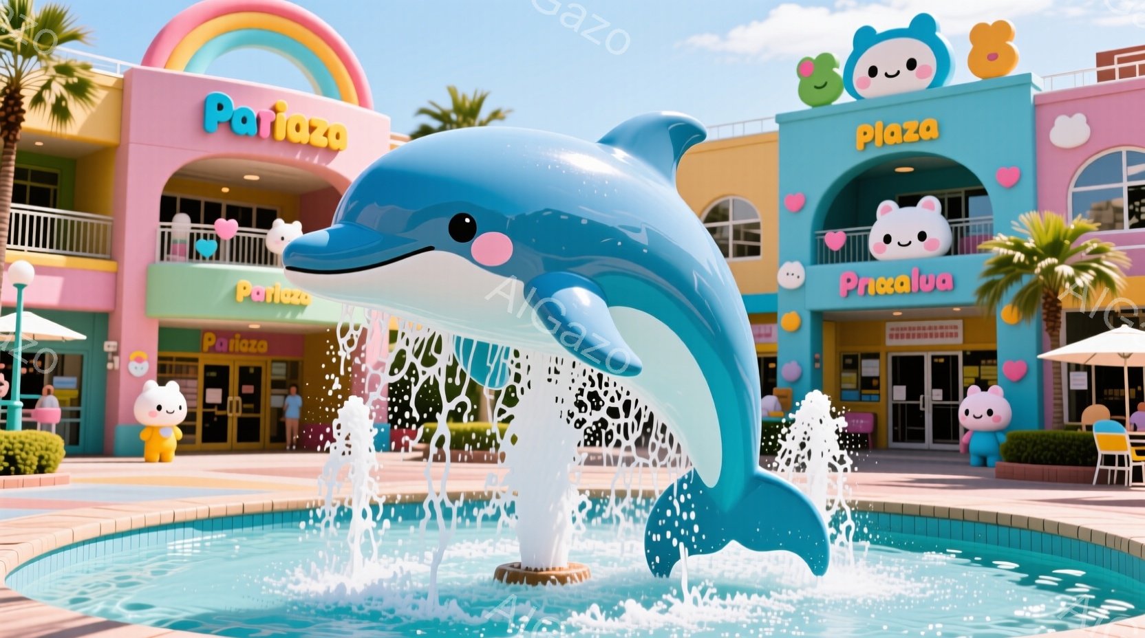 明るい青色のイルカの噴水が、ピンクとターコイズブルーの建物が立ち並ぶ広場の中心にあります。背景にはヤシの木が生い茂り、晴れた空の下、活気のある夏の雰囲気が漂っています。建物には可愛らしいキャラクターの - AI生成フリー素材