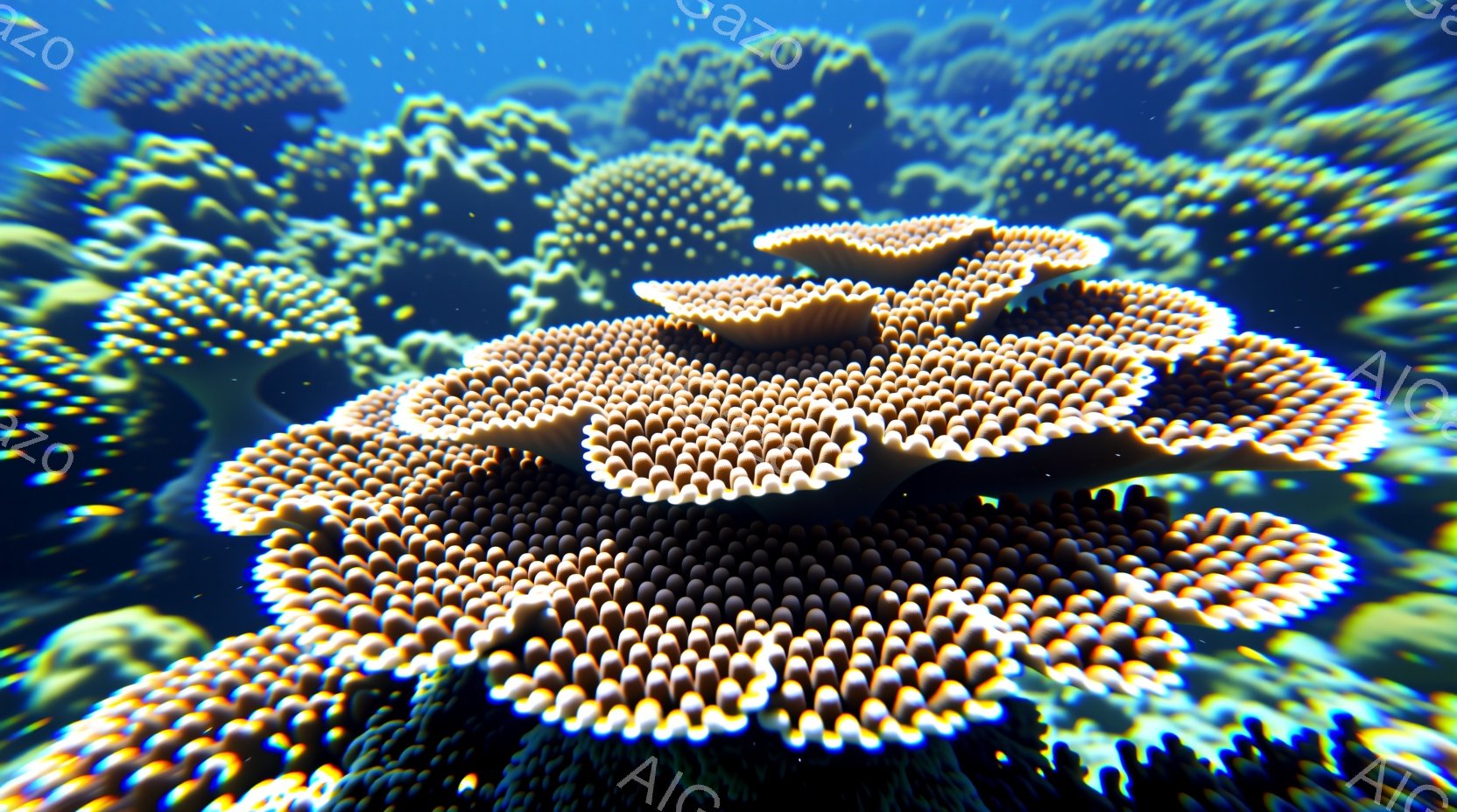鮮やかな青色の水中を捉えたもので、様々なサイズのサンゴが密集して広がっています。サンゴは白と黒のストライプ模様を持ち、まるで小さな塔のように密集し、水中で光を反射しています。全体として、サンゴ礁の神秘的で活気ある雰囲気を伝えています。