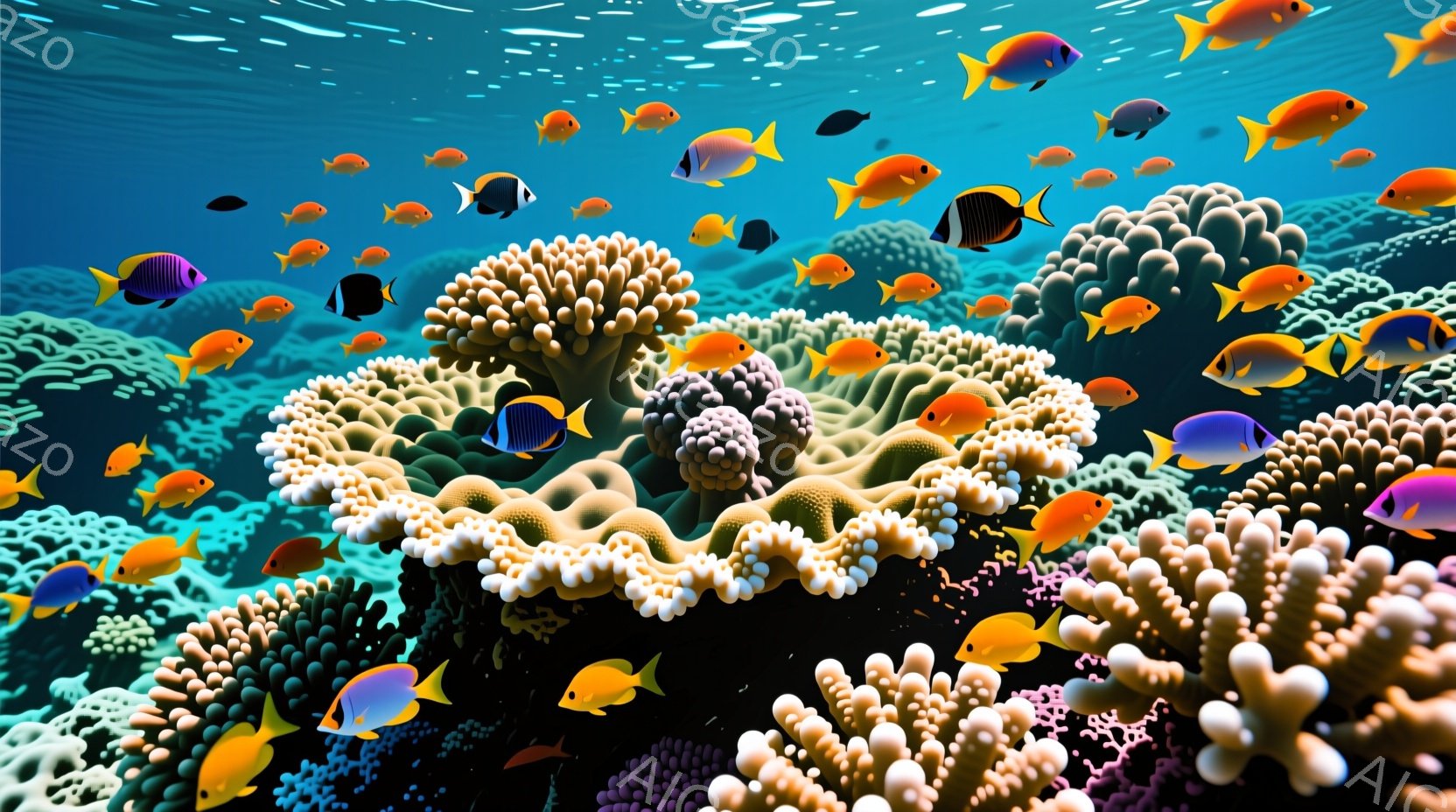鮮やかな珊瑚礁が広がり、オレンジ色、紫色、白など様々な色の珊瑚が密集している。多数の熱帯魚が珊瑚の間を泳ぎ回り、特にオレンジ色の魚と青い魚が目立つ。背景は明るい水色で、光が差し込み、海底の幻想的な雰囲気を強調している。
