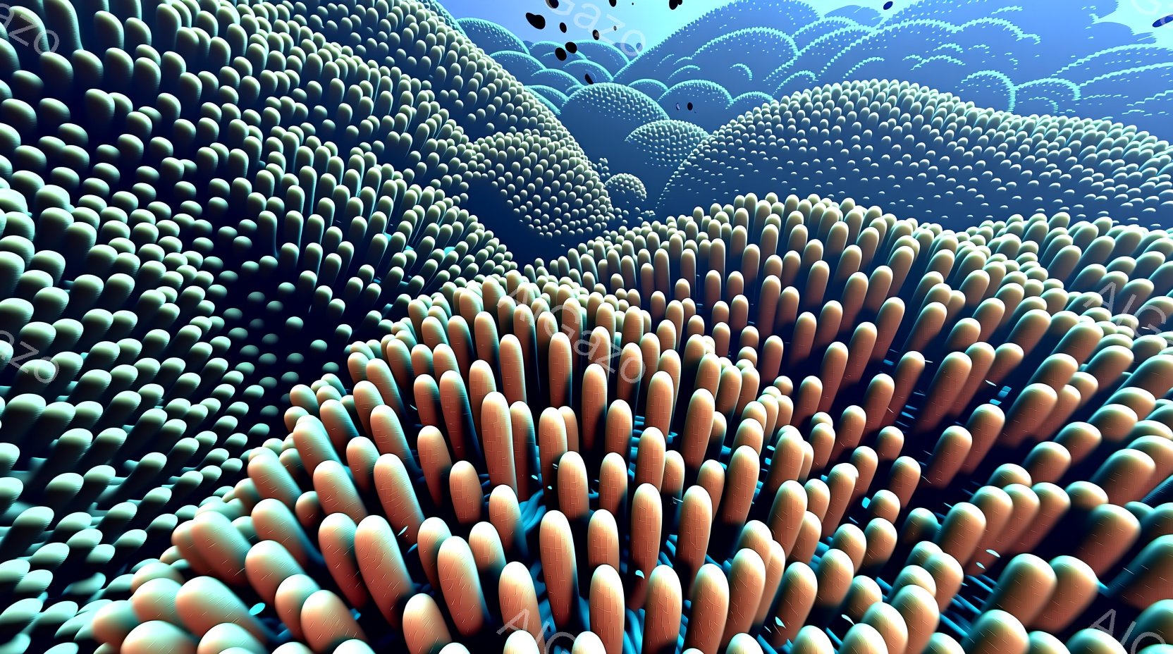 無数の細長い管状の構造物が密集し、まるで海中の珊瑚礁や奇妙な植物園のような風景を描いている。青と緑を基調とした色合いが、神秘的で幻想的な雰囲気を醸し出し、奥行きのある構図が、まるで異世界に迷い込んだような感覚を与える。光と影のコントラストが強調され、管状の構造物の質感と立体感を際立たせている。