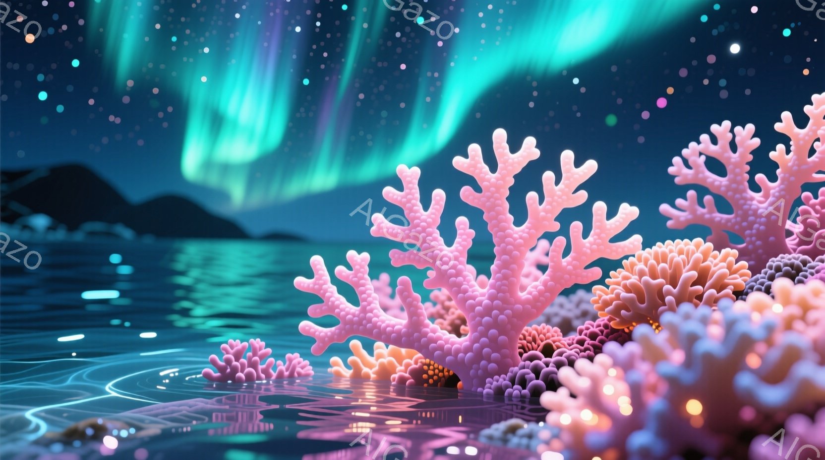 鮮やかなピンク色の珊瑚礁が水面から顔を出し、暗い海に浮かんでいる。背景には、緑と紫のオーロラが夜空を彩り、遠くにはぼんやりとした山並みが見える。全体的に幻想的で、神秘的な雰囲気を醸し出している。 - AI生成フリー素材