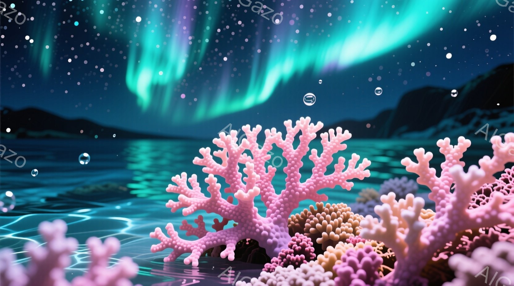 深い青色の海中に、ピンク色の珊瑚が咲き乱れている様子が描かれています。空にはオーロラが輝き、夜空を幻想的な緑と紫の色で彩っています。水面には小さな泡が浮かび、神秘的な深海の雰囲気をより一層高めています - AI生成フリー素材