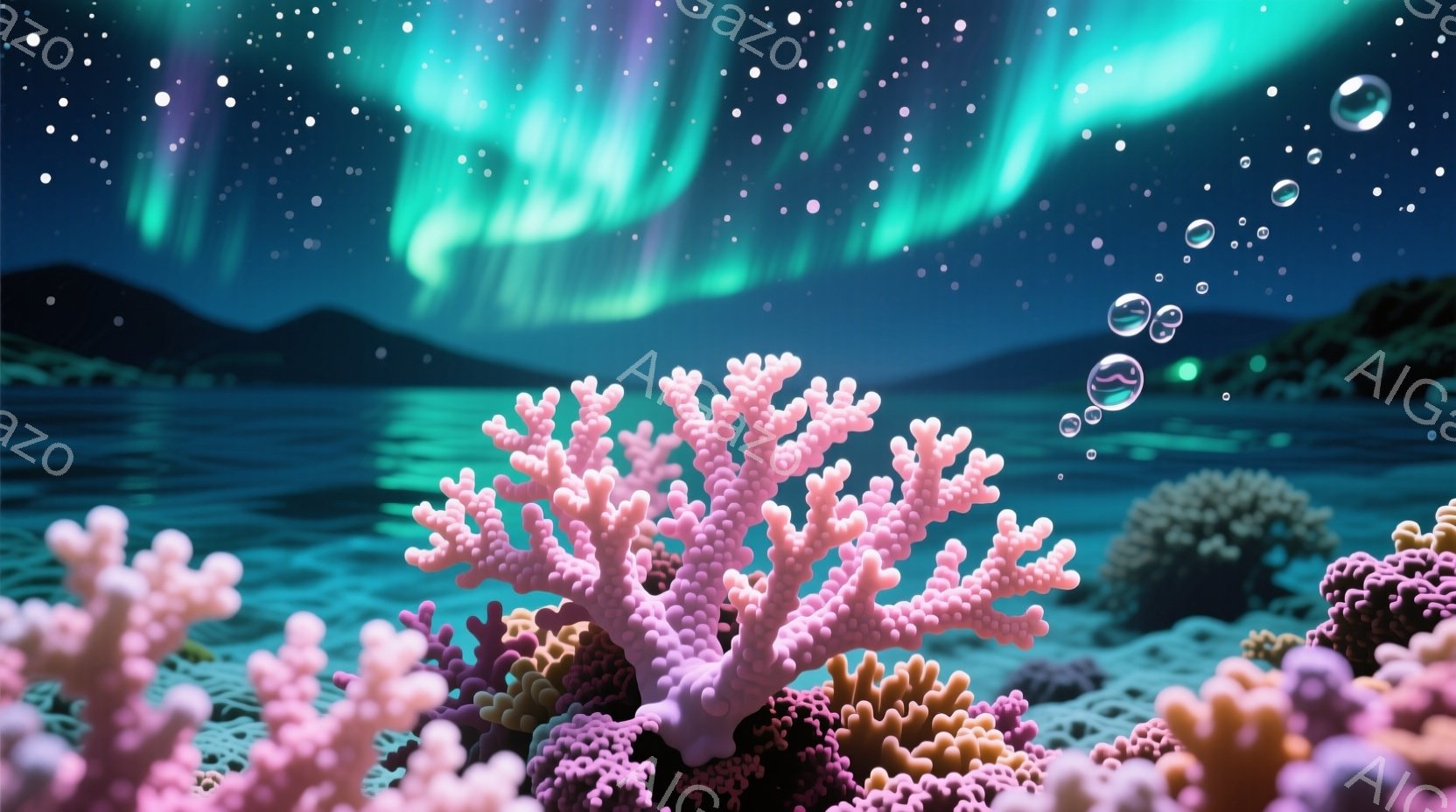 深い青色の海中に、ピンクとオレンジ色のサンゴが群生している様子が描かれている。背景には暗いシルエットの山々と、緑と紫のオーロラが広がり、幻想的な雰囲気を醸し出している。小さな泡が水中に漂い、神秘的な深 - AI生成フリー素材