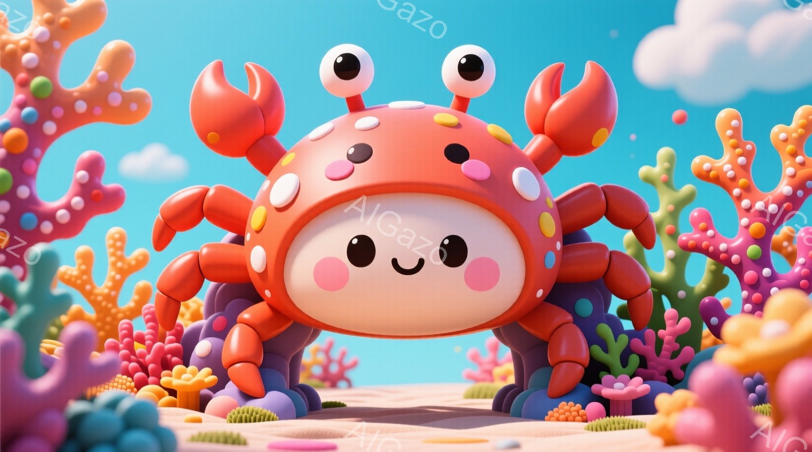 明るいオレンジ色の可愛らしいカニが、砂浜の上に立っています。丸い体と大きな瞳が特徴で、穏やかな笑顔を浮かべています。背景にはカラフルなサンゴ礁が密集し、空は晴れて穏やかな雰囲気です。 - AI生成フリー素材