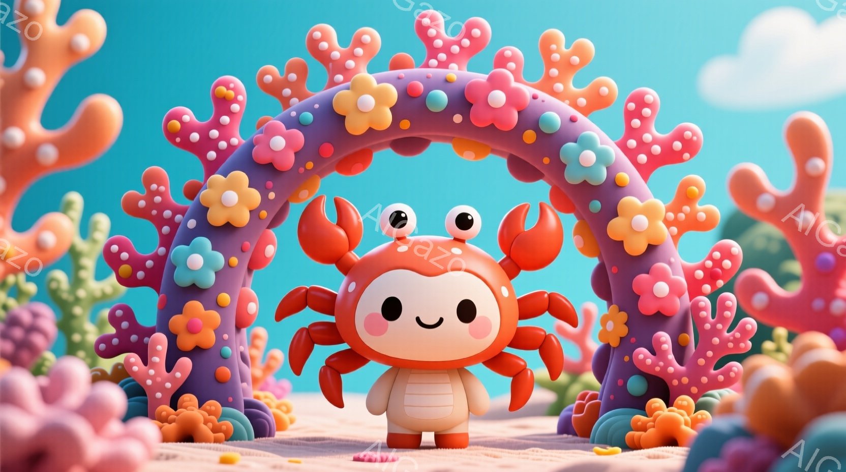 明るいピンク色のアーチの中に、蟹をモチーフにしたキャラクターが立っている。キャラクターはベージュ色の服を着ており、笑顔で、愛らしい表情をしている。背景は砂浜で、鮮やかなピンクやオレンジ色の珊瑚のような装飾がアーチを囲み、空は晴れで、全体的に陽気で楽しい雰囲気が漂っている。