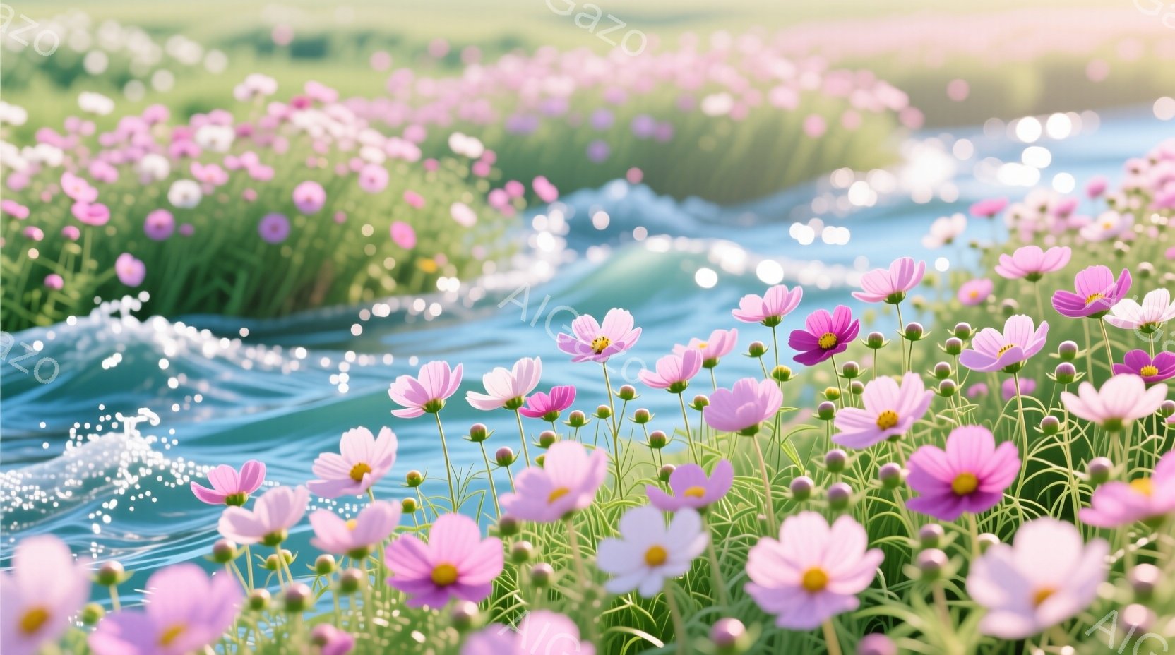 広大なピンク色のコスモス畑が広がり、浅い青い小川がその中に流れています。花々は明るい太陽光の下で咲き誇り、生き生きとした鮮やかな色彩が目に飛び込んできます。穏やかな日差しと美しい花々が調和し、平和で牧 - AI生成フリー素材