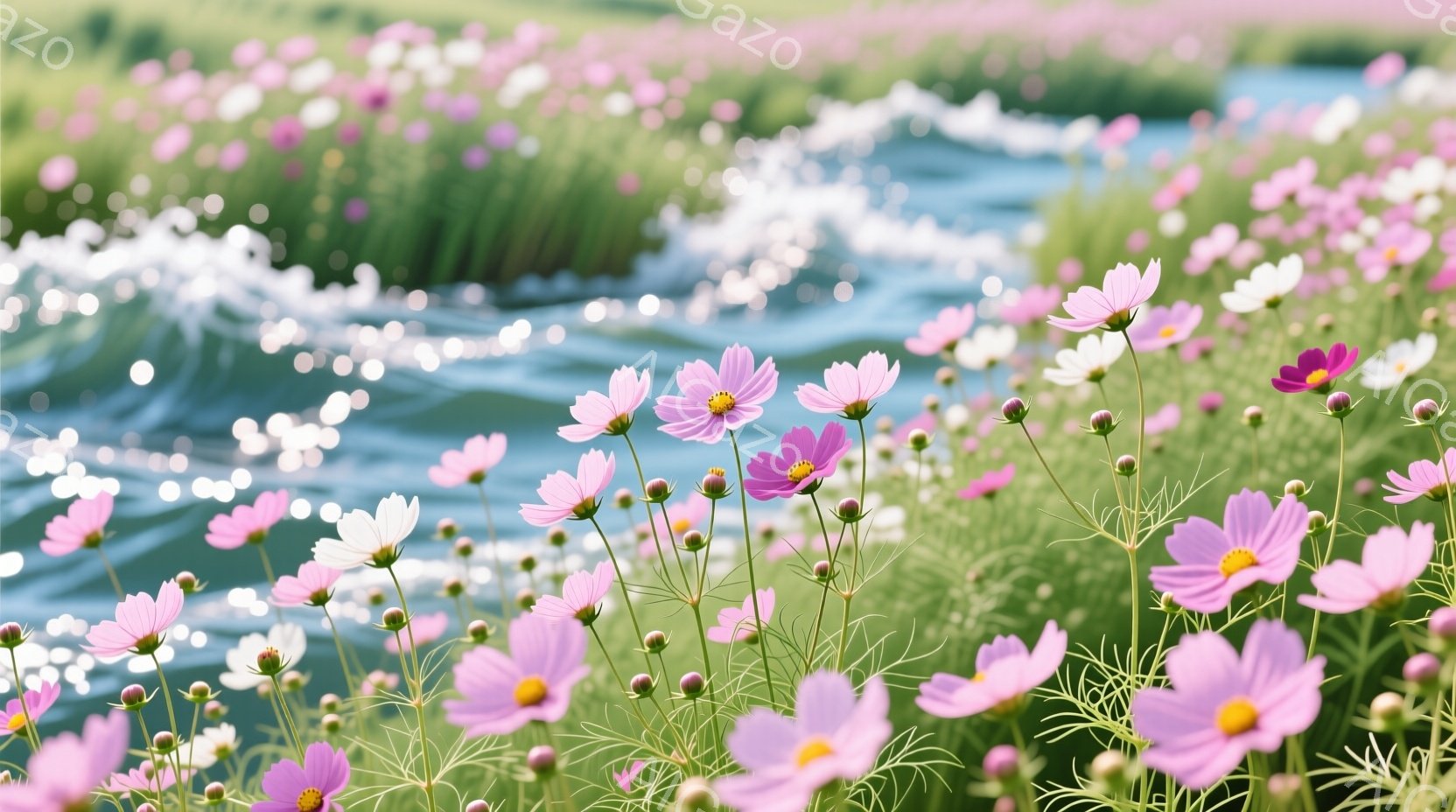 広大なコスモス畑が広がっており、ピンクや白の花が密集して咲き誇っています。背景には青く輝く水面が見え、光の反射が水面にきらめき、鮮やかなコントラストを生み出しています。全体的に明るく、穏やかな雰囲気が - AI生成フリー素材