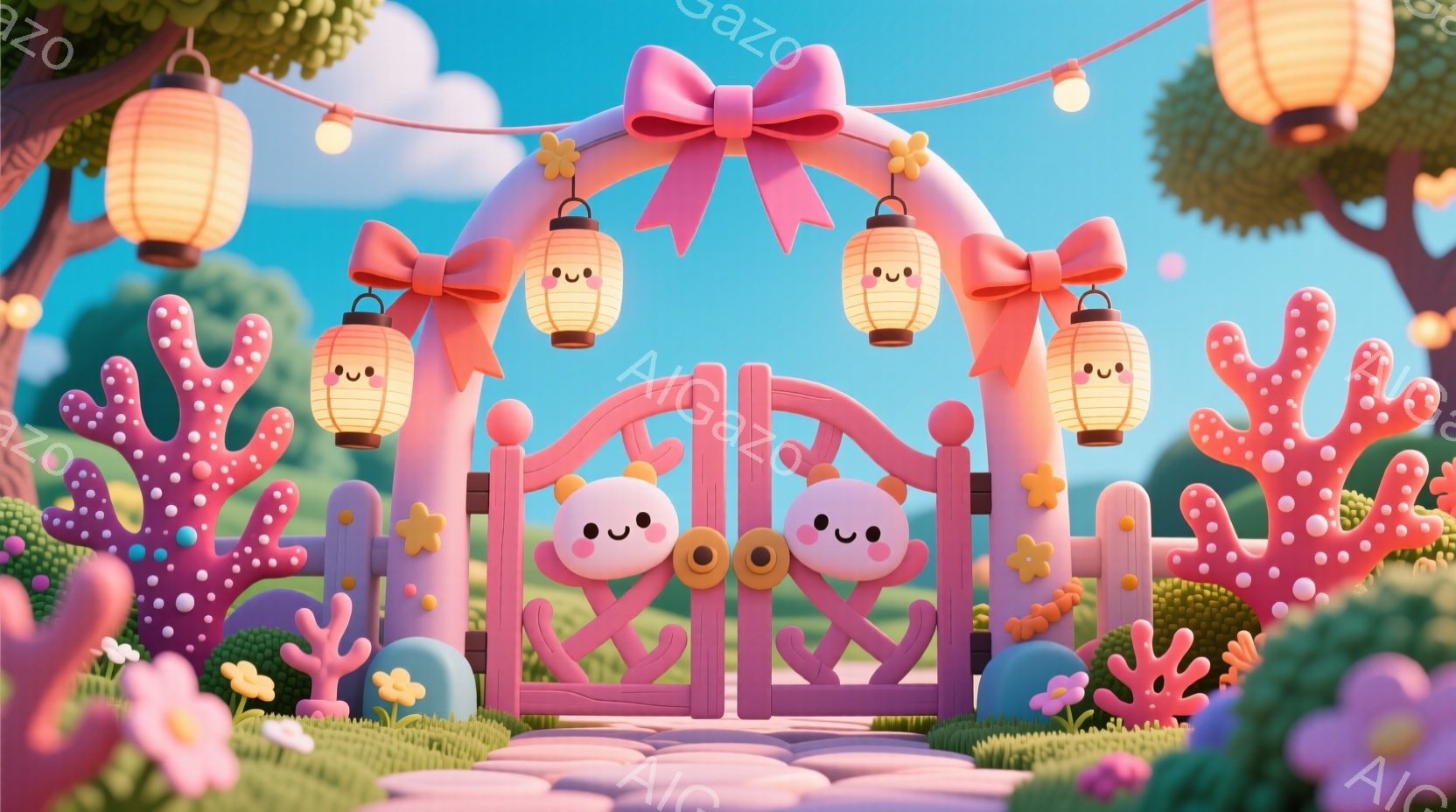 明るいピンク色のアーチが印象的な画像です。アーチの両脇には、可愛らしい白い顔をした丸いキャラクターが立っており、楽しそうな表情をしています。背景は緑豊かな草原とピンク色の植物で彩られ、空には柔らかい光 - AI生成フリー素材