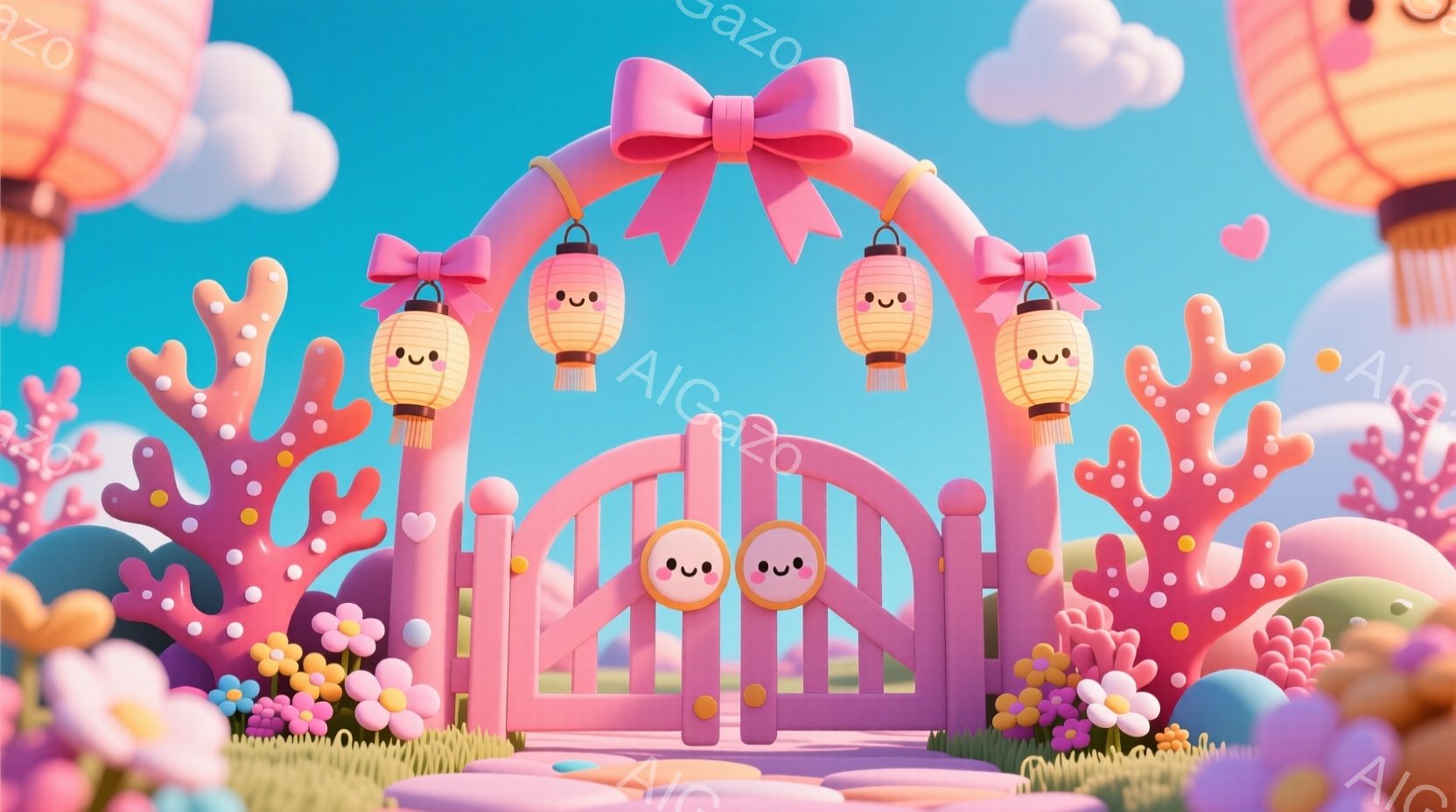 ピンク色を基調とした可愛らしい世界が広がっています。アーチ型の門には笑顔の顔が描かれ、カラフルな花や植物、そしてふわふわとした雲が背景に広がっています。全体的に明るく、夢のような、遊び心溢れる雰囲気が - AI生成フリー素材
