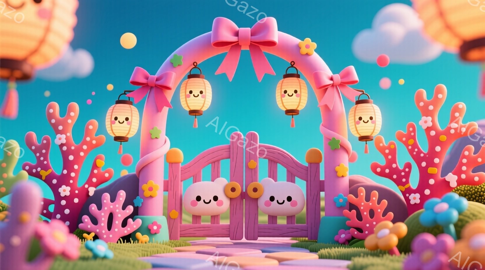 パステルカラーの可愛らしい世界観で、アーチ型の門が印象的です。門はピンク色で、雲のような顔が描かれた2つの柱で構成され、上部には大きなリボンと提灯が飾られています。背景には、カラフルな植物や花々が咲き - AI生成フリー素材