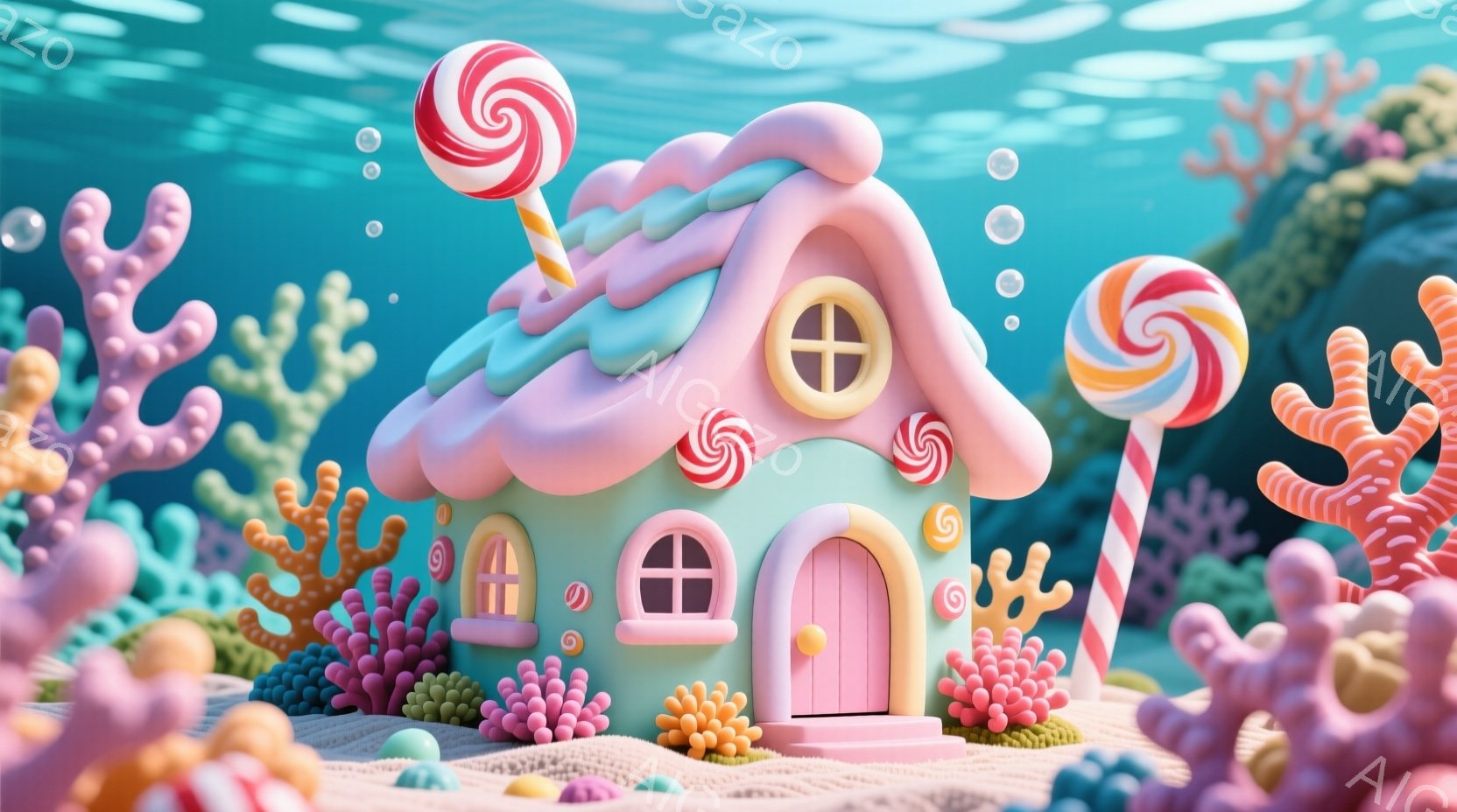 カラフルなキャンディのような家が、珊瑚礁のような背景の中にあります。家はパステルグリーンの壁とピンクの屋根で、キャンディが飾りとしてあちこちに付いています。全体的に明るく、夢のような、おとぎ話のような - AI生成フリー素材