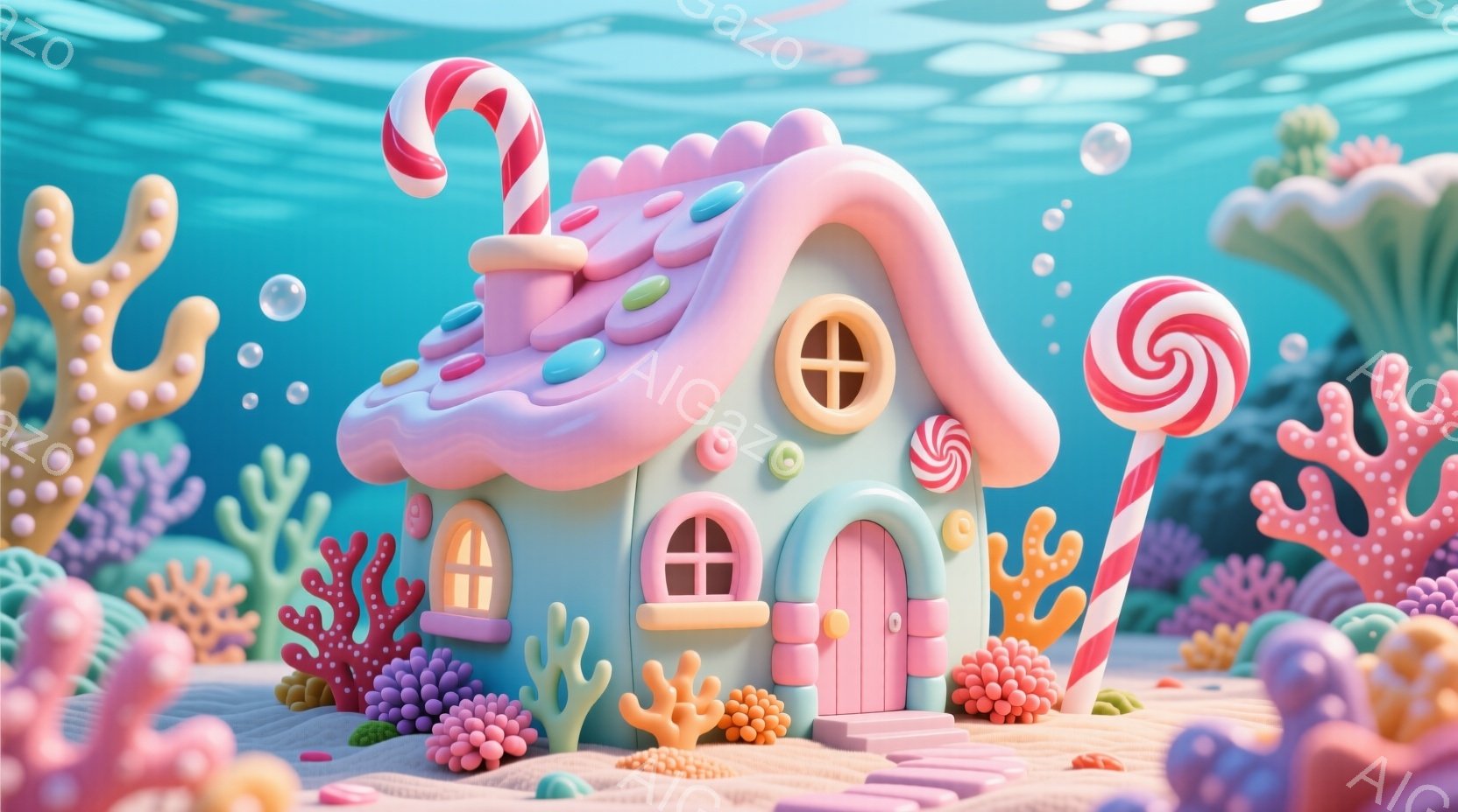 鮮やかなピンクと水色のキャンディのような家が砂浜の上に建っています。周囲には様々な色のサンゴ礁が群生し、まるで海底に浮かぶお菓子の国のような幻想的な雰囲気です。家の屋根にはキャンディケーンが飾られ、窓 - AI生成フリー素材