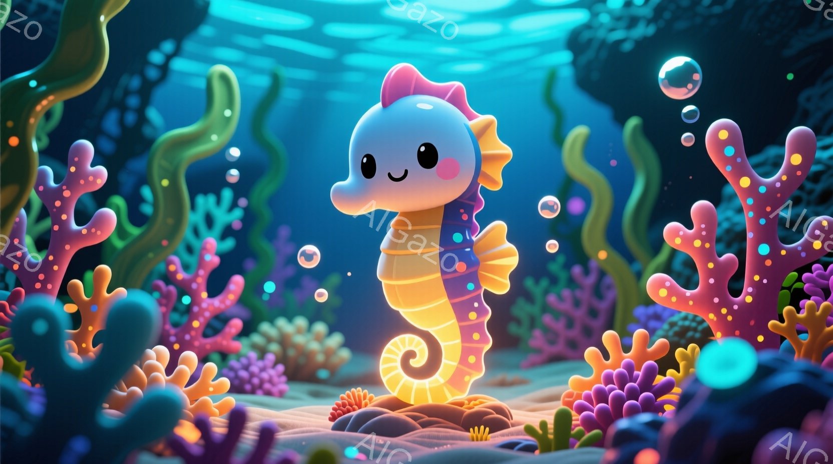 明るいオレンジ色の愛らしいタツノオトシゴが、ピンクと紫色のサンゴ礁の間に立っています。その表情は可愛らしく、大きな瞳と微笑みが印象的です。背景には、さまざまな色のサンゴや泡が浮かび、全体的に幻想的で楽 - AI生成フリー素材