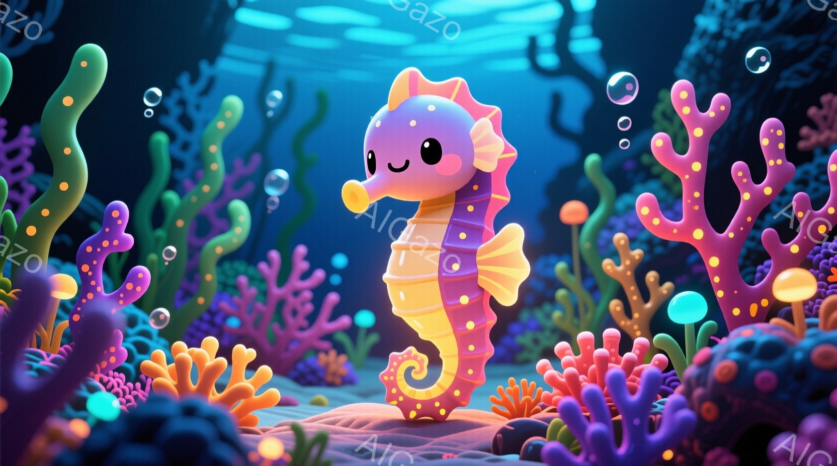 明るいピンクとオレンジ色の渦巻き模様のタツノオトシゴが、珊瑚礁の中にいます。可愛らしい表情で、丸い目と小さな口が特徴的です。背景には、鮮やかなピンクとオレンジ色の珊瑚が茂り、水中に漂う泡が幻想的な雰囲 - AI生成フリー素材