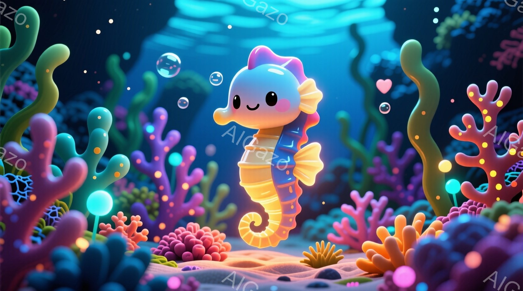 明るいピンクとオレンジ色のタツノオトシゴが、珊瑚礁の中にいる様子が描かれています。愛らしい表情と丸みを帯びた体型で、ピンク色の背びれとオレンジ色の縞模様が特徴的です。背景にはカラフルな珊瑚礁が広がり、 - AI生成フリー素材