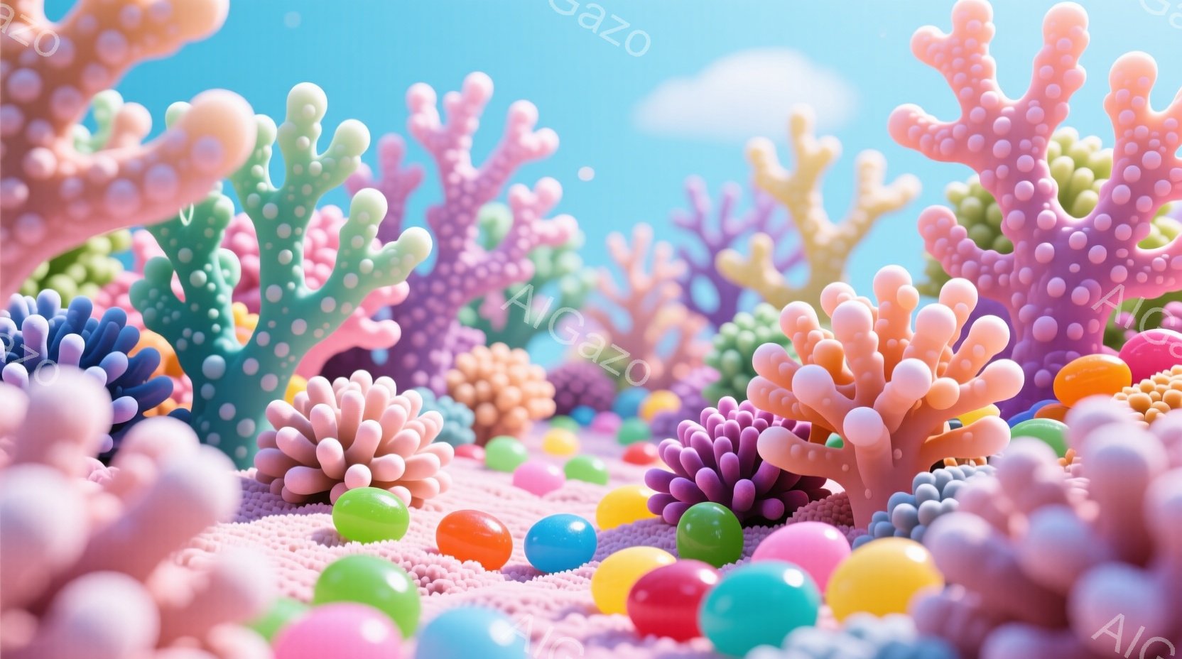 鮮やかな色彩の、まるでキャンディのような世界が広がっています。ピンク、青、紫、緑など、多様な色の球体と、それらを支えるように生えた、ぎざぎざとした形状の植物のようなものが特徴的です。背景は明るい水色で - AI生成フリー素材