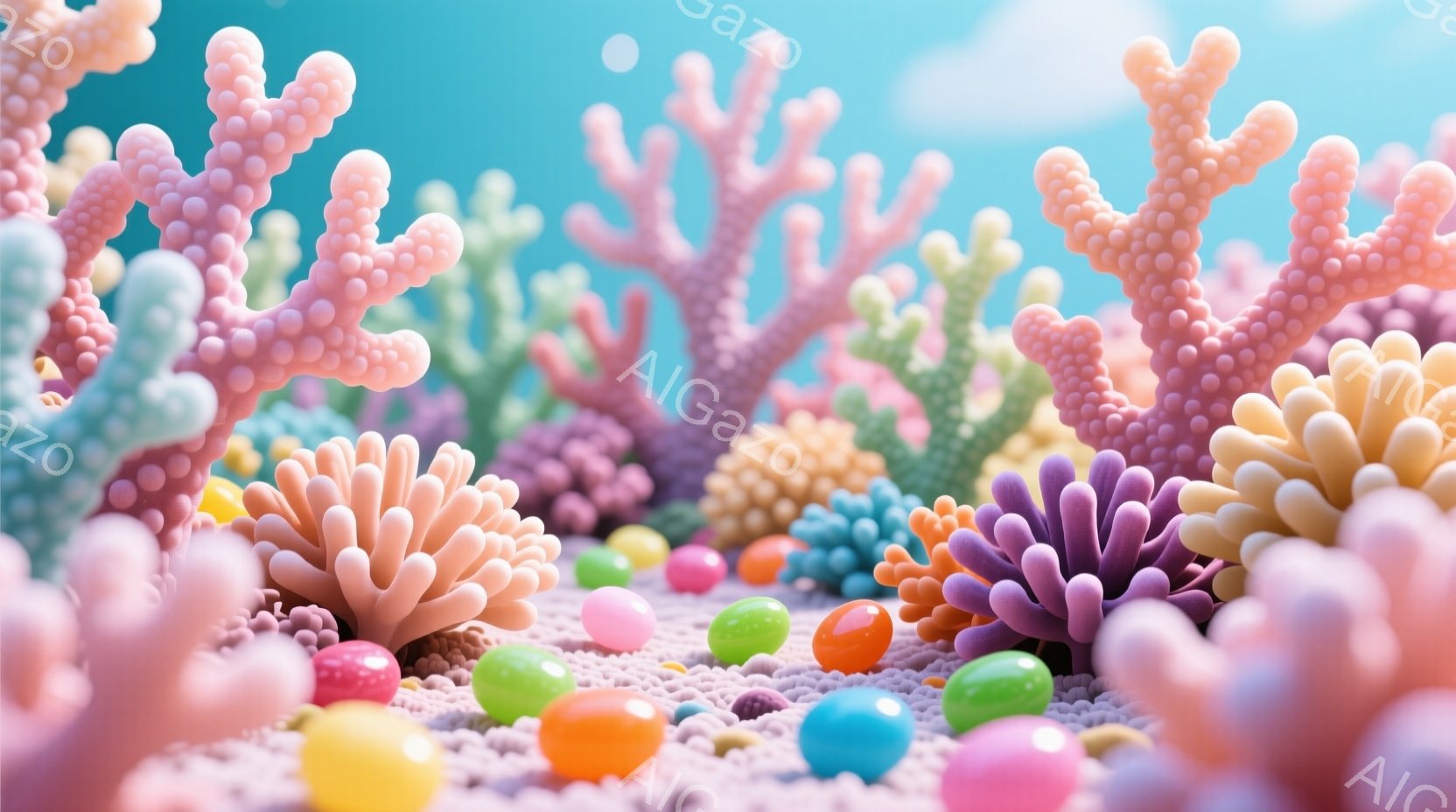 鮮やかなピンク、紫、オレンジ色のサンゴのような形状が、淡いピンク色の砂浜の上に生えている様子が描かれています。砂浜には、グリーンの青リンゴ、オレンジ、ターコイズブルー、ピンクの丸いキャンディのようなも - AI生成フリー素材