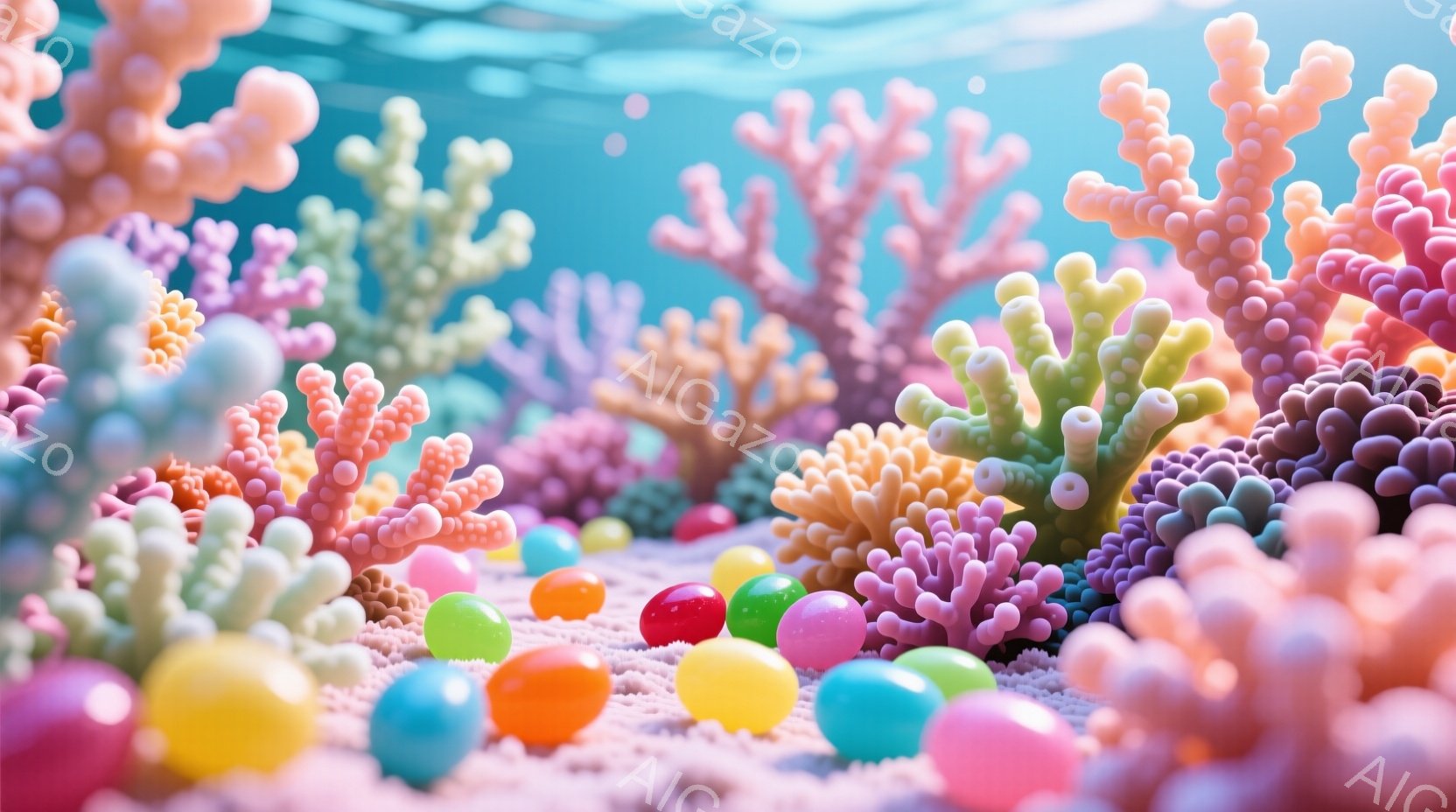 海洋生物が集まった場所を美化したもので、多色のコーラルやイソギンキャリフィアが描かれている。水中に浮遊する小さな花状の海洋生物と、底部には色鮮やかなクレブサが集まっている。背景は深い青で、空気は清らかで透明である。全体的に美しく、自然の雰囲気が感じられる画像です。