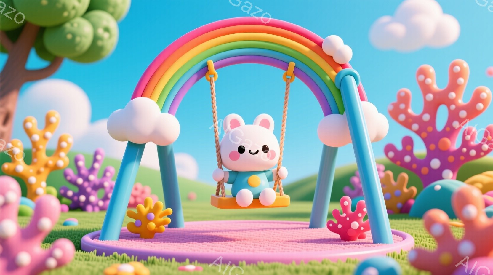 柔らかいパステルカラーの可愛らしい世界で、小さなウサギがブランコに乗っています。ウサギは水色のオーバーオールを着ており、つぶらな瞳と微笑みが愛らしい表情をしています。背景には、カラフルな珊瑚のような植 - AI生成フリー素材