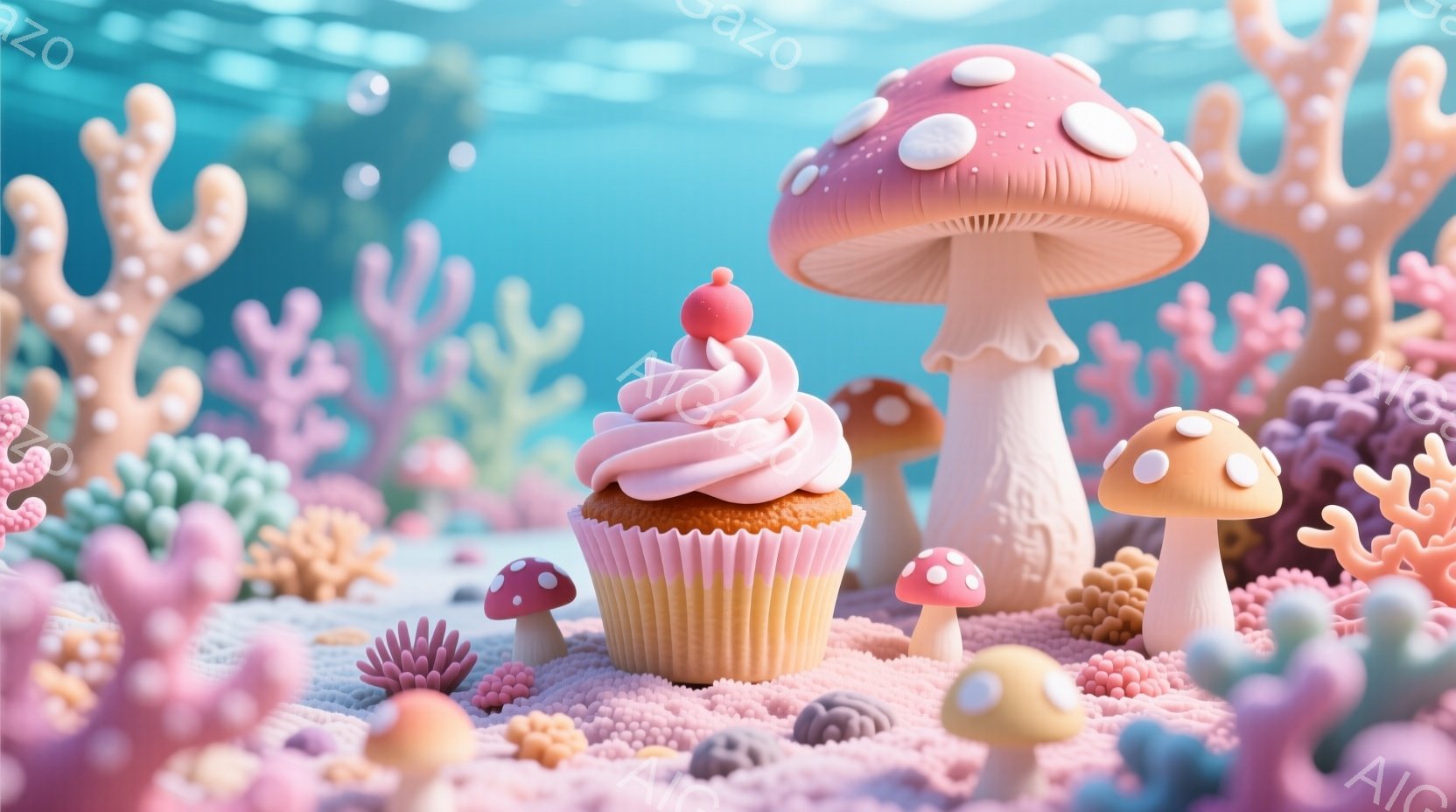 鮮やかなピンクとパステルカラーのファンタジーな世界が広がっています。カップケーキや様々なキノコが、珊瑚のようなテクスチャの地面に点在し、夢のような雰囲気を醸し出しています。全体的に柔らかい光が差し込み - AI生成フリー素材