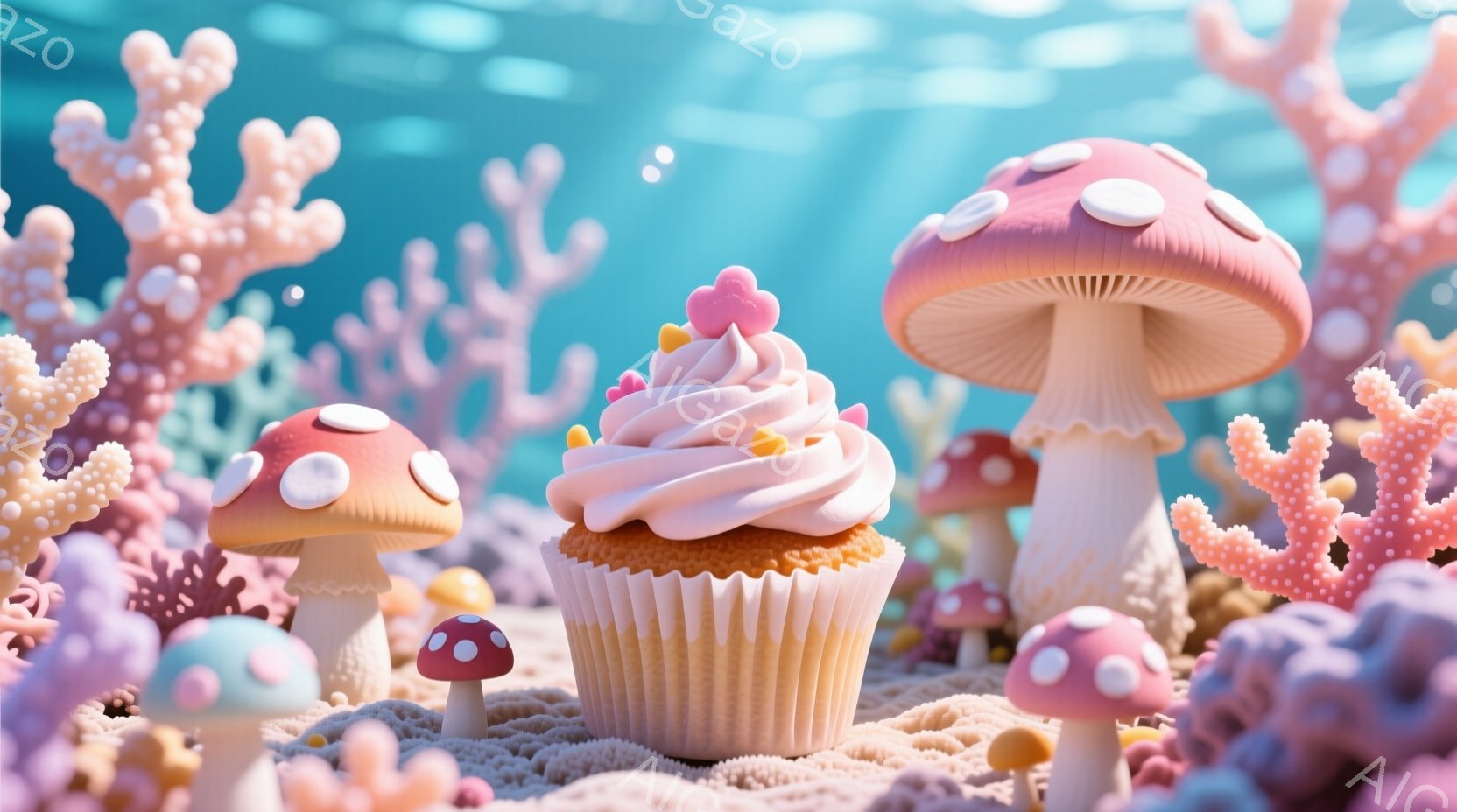 鮮やかなピンクと水色の背景に、可愛らしいきのこの形をしたオブジェクトと、クリームをたっぷり乗せたカップケーキが並んでいます。カップケーキは、ふんわりとしたクリームにカラフルなスプリンクルが散りばめられ - AI生成フリー素材