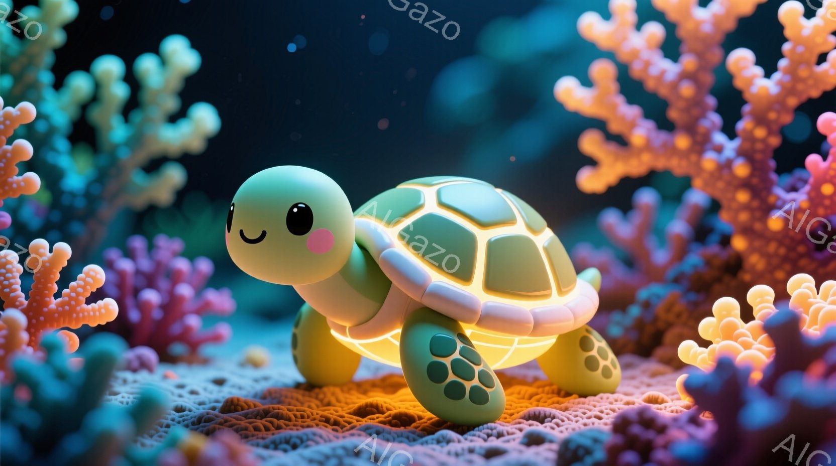可愛らしい小さなカメが、鮮やかな珊瑚礁の中にいる様子が描かれています。カメは丸みを帯びたフォルムで、殻の縁が光っており、まるで発光しているようです。背景には様々な色合いの珊瑚が密集しており、夢幻的で幻 - AI生成フリー素材