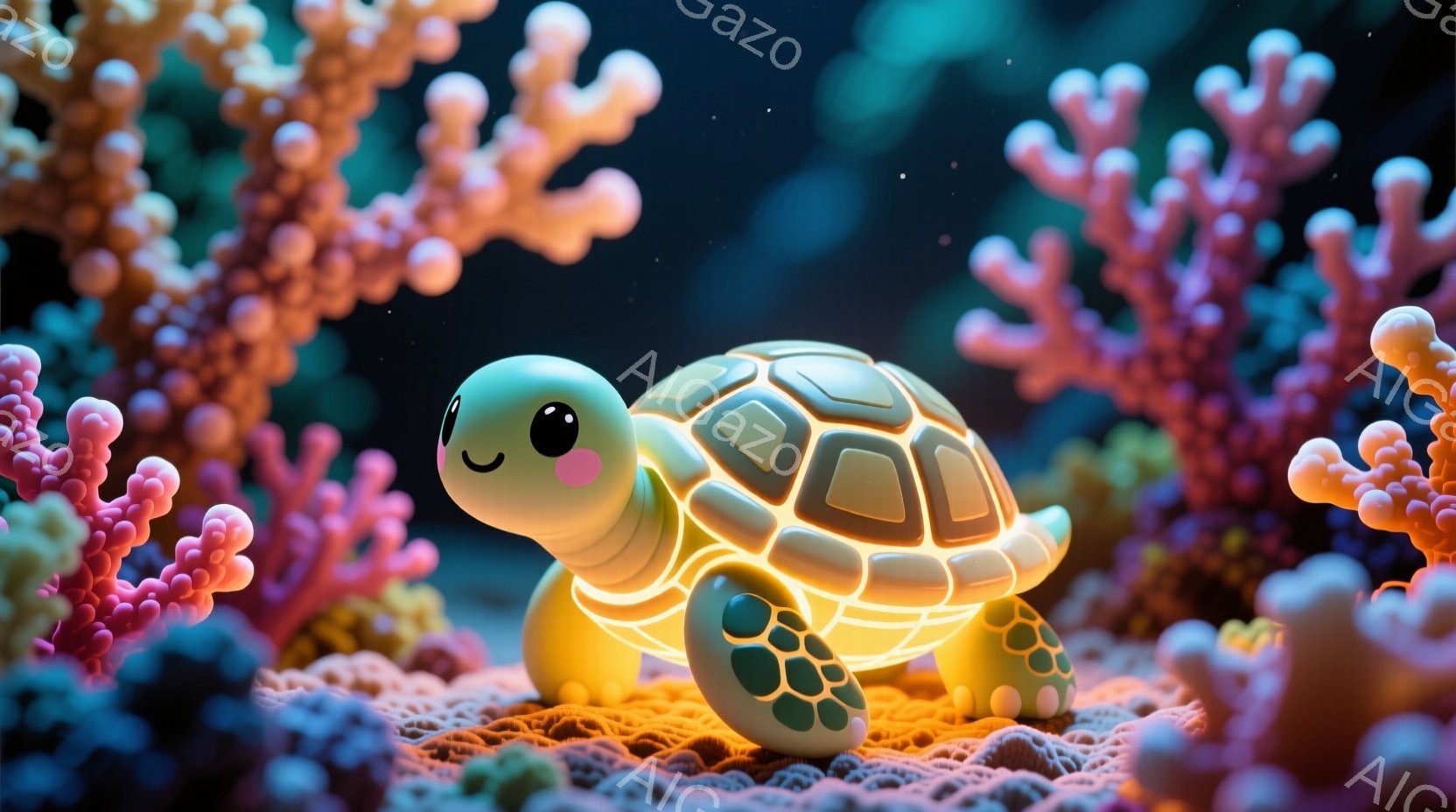 明るい緑色の甲羅が光る小さなウミガメが、ピンク色のサンゴ礁の中にいます。ウミガメは丸い体で可愛らしく、前足には緑色の斑点があります。背景には様々な形のピンク色のサンゴが密集しており、深海のような幻想的 - AI生成フリー素材