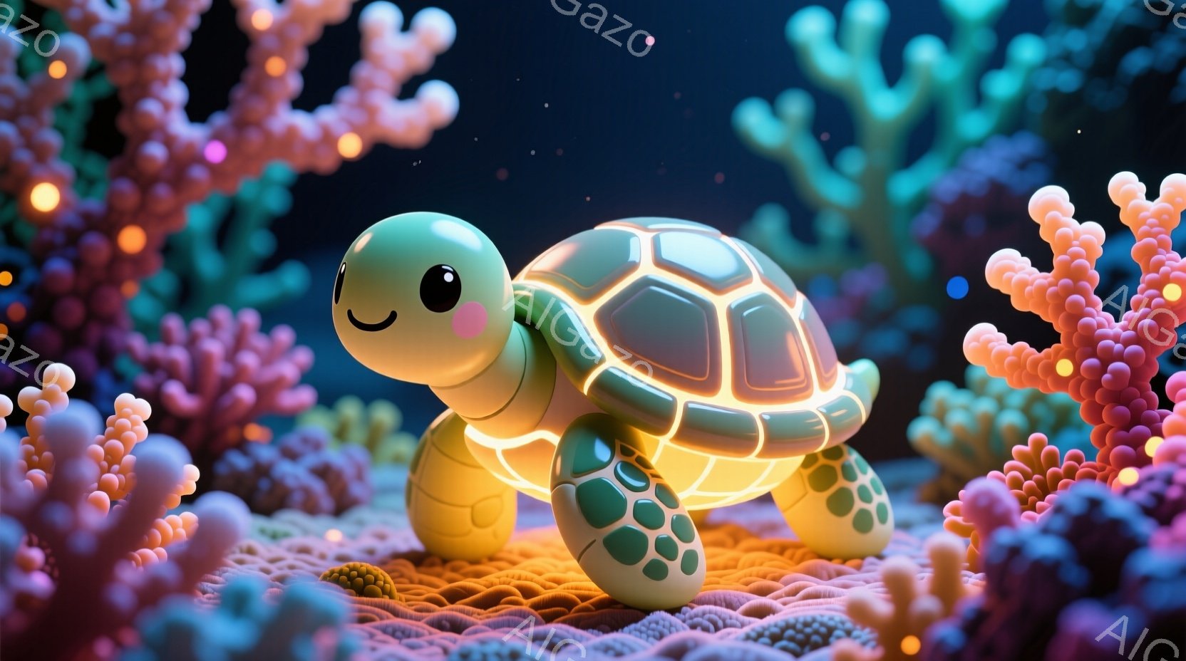 鮮やかなピンクと紫色のサンゴ礁の中に、光を放つ可愛らしいカメがいます。カメは丸みを帯びた体をしており、明るい緑色で、殻には黄色い光のラインが走っています。全体的に、幻想的で穏やかな海の底を思わせる雰囲 - AI生成フリー素材