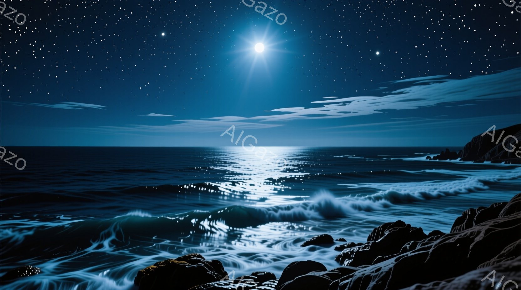 深い青色の海が月明かりに照らされ、波が白く輝いている。岩場が手前に配置され、海と陸のコントラストが強調されている。全体的に静かで神秘的な雰囲気が漂い、夜の海の力強さと美しさを表現している。 - AI生成フリー素材