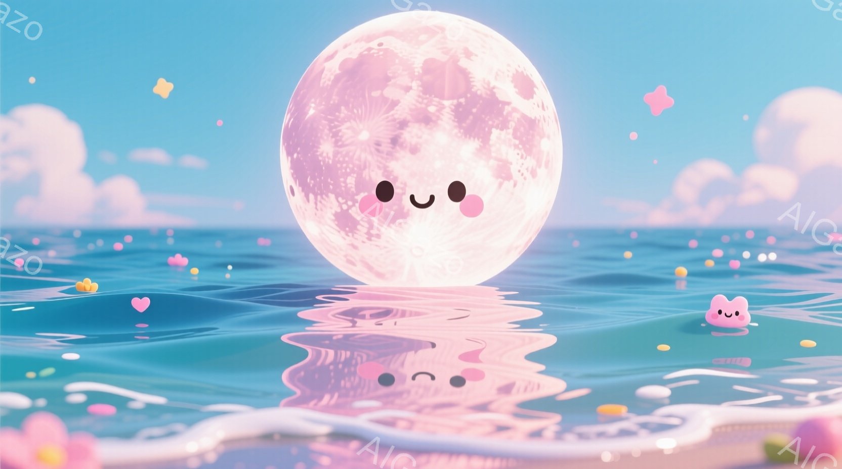 明るい青い海に、笑顔の月が浮かんでいます。月の表面はピンクがかった白で、可愛らしい表情と光を放っています。周囲には花びらや星が散りばめられ、海面には月の反射と小さな浮遊する月の姿が見られ、全体的に夢の - AI生成フリー素材