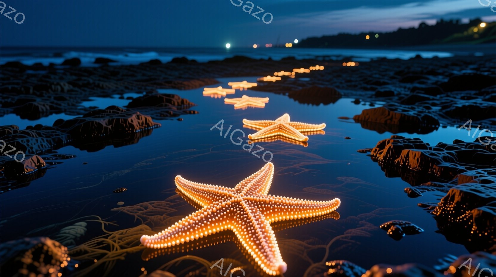 紺碧の夜空の下、水面に浮かぶ発光する星形の光が幻想的な光景を作り出している。岩場が水面を囲み、遠方にはぼんやりとした街の灯りが点在し、静かで神秘的な雰囲気を醸し出している。発光する星形はまるで海中を漂 - AI生成フリー素材