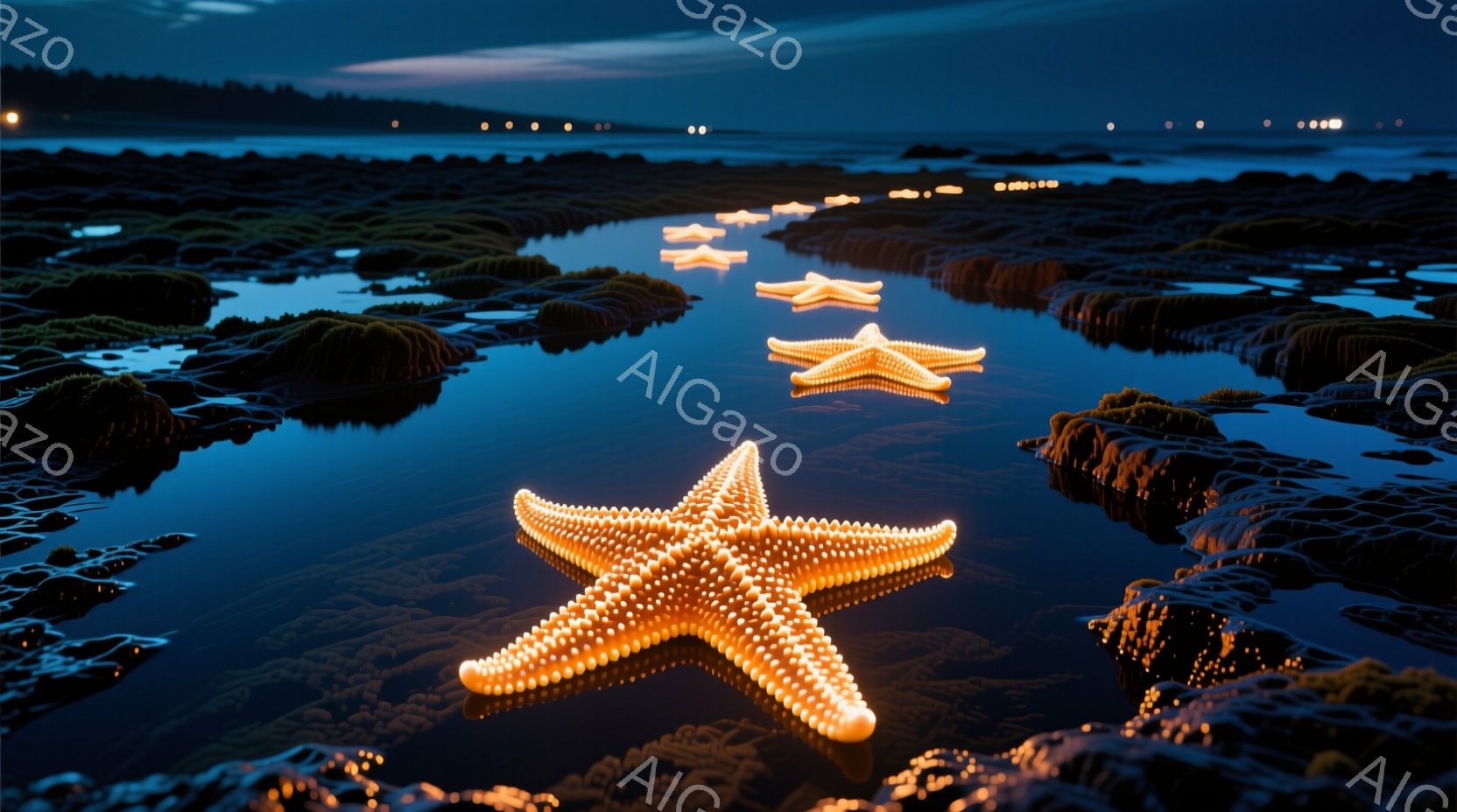 夜の海岸線に、光る星形のオブジェクトが並んで並置されている様子が捉えられています。暗い岩場と水面が、星形の光によって照らされ、幻想的な雰囲気を醸し出しています。遠景には暗い海岸線と夜空が広がり、静寂と - AI生成フリー素材