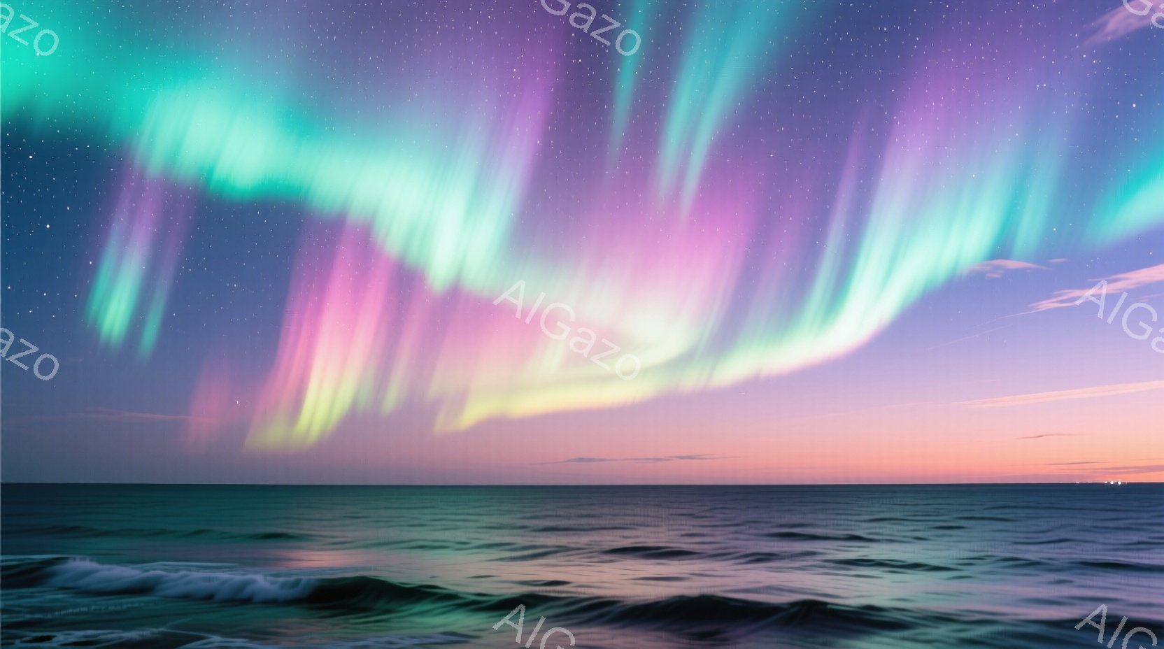 広大な海の上に、鮮やかなオーロラが空を彩っている。緑、ピンク、紫色の帯が、まるで天上のカーテンのように広がり、海面には穏やかな波が打ち寄せている。全体的に幻想的で、静かで神秘的な雰囲気が漂っている。 - AI生成フリー素材
