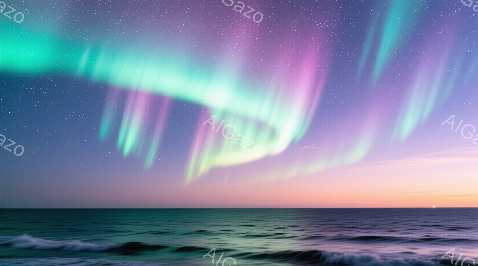 広大な海の上に、オーロラが幻想的に広がっている。緑、ピンク、紫色の光が夜空を染め上げ、水面には光の反射がぼんやりと見られる。穏やかな波が海岸線に打ち寄せ、静寂と神秘的な雰囲気が漂っている。