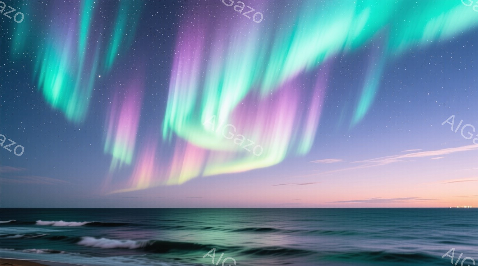 鮮やかなオーロラが夜空を覆い、ピンク、緑、紫の色合いが混ざり合って幻想的な光景を作り出しています。穏やかな波が打ち寄せる海が手前に広がり、遠くにはぼんやりとした地平線が見えます。全体的に、静かで神秘的 - AI生成フリー素材