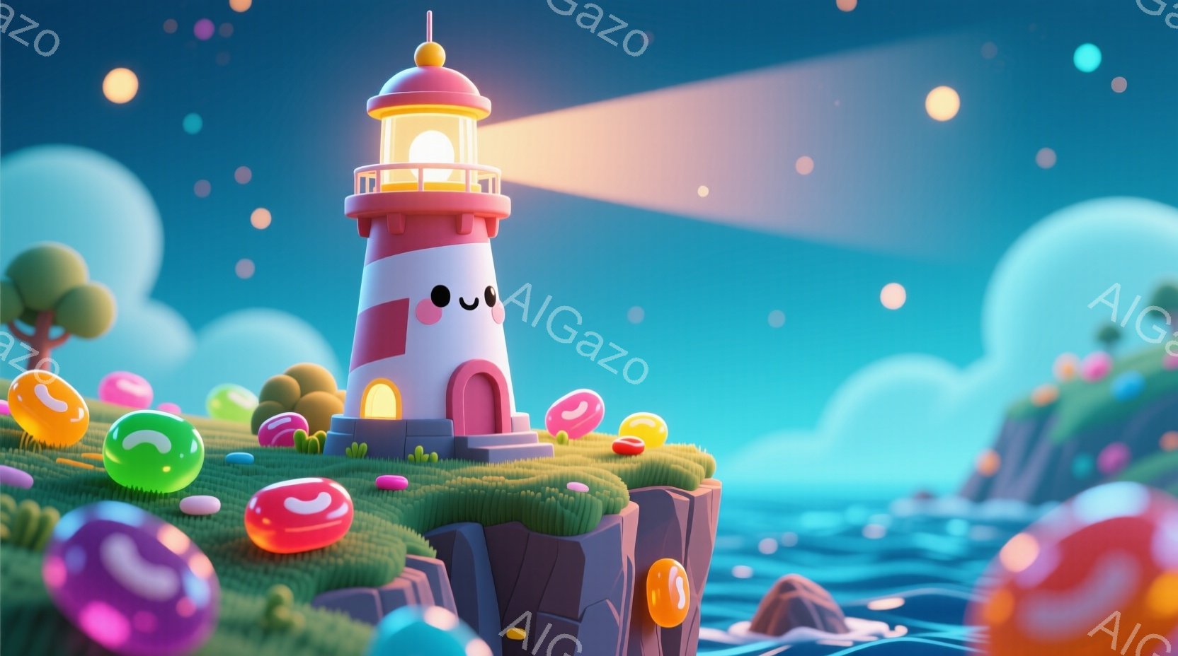 鮮やかなピンクと白の灯台が、緑の草が生えた岩の上に建っており、まるでキャンディのようなカラフルなゼリーが周囲に散らばっています。夜の海を背景に、灯台は暖かく優しい光を放ち、ファンタジックで遊び心のある雰囲気を醸し出しています。全体的に明るく、夢のような色彩が特徴的な、楽しい情景です。