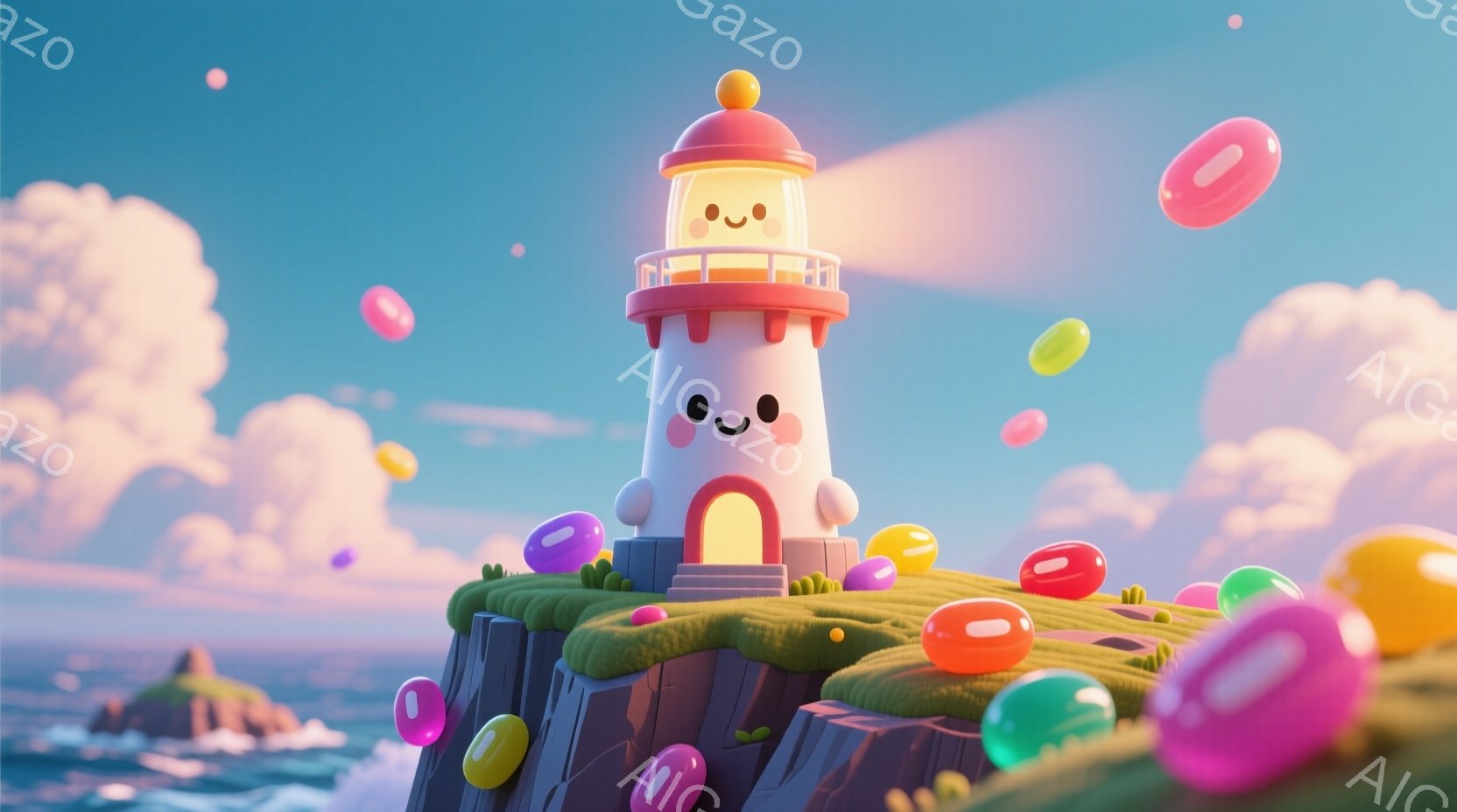 明るい青空の下、可愛らしい灯台が緑豊かな小島の上に建っています。灯台はピンクと白のストライプで、まるでキャンディのようなカラフルなゼリービーンズが周囲を漂い、微笑ましい雰囲気を醸し出しています。穏やかな海とふわふわの雲が背景に広がり、夢のような、遊び心のある世界観を作り出しています。