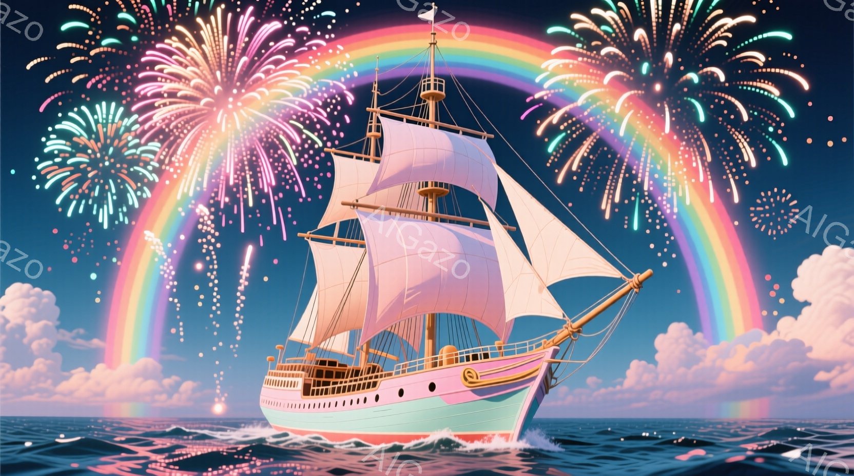 鮮やかな虹に包まれた帆船が、穏やかな海を航行している。船体はクリーム色とピンク色で装飾され、華やかな印象を与え、マストには白の帆が大きく広げられている。背景にはふわふわとした雲と夜空が広がり、美しい花 - AI生成フリー素材