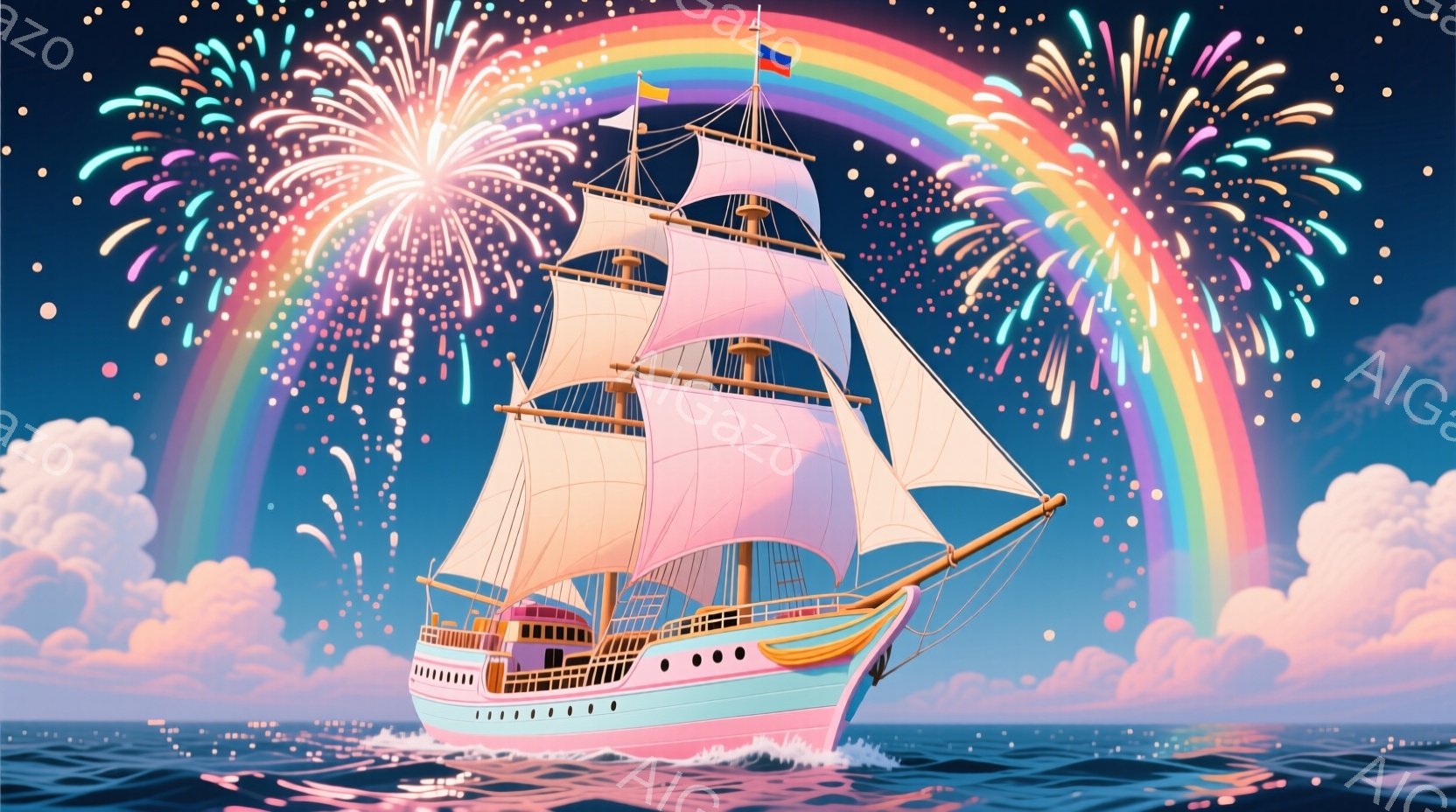 美しい帆船が、虹と花火が輝く穏やかな海を航行している様子が描かれています。船体は淡い水色で、帆は白く、きらめく波と鮮やかな空が背景に広がっています。全体的に夢幻的で平和な雰囲気が漂い、希望と冒険を感じさせます。