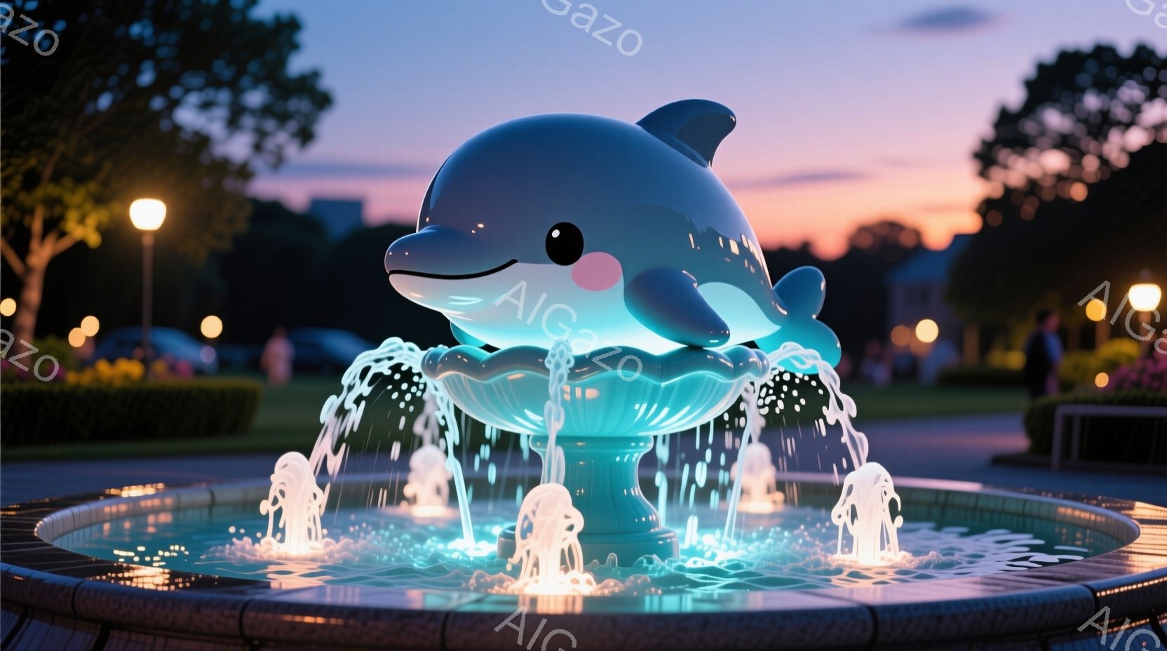公園の噴水中央に、青いイルカの像が設置されています。イルカは微笑んでおり、下から水が噴き出して、幻想的な光を放っています。背景には夕焼け空と街並みが広がり、穏やかで平和な雰囲気を醸し出しています。 - AI生成フリー素材