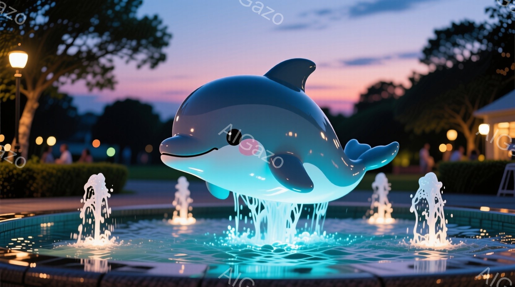 水中でイルカの噴水が楽しそうに跳ね回っている様子が描かれています。背景には、街灯が灯る緑豊かな公園と、夕暮れ時の空が広がっており、静かで穏やかな雰囲気が漂っています。噴水の水しぶきがイルカの周りを照ら - AI生成フリー素材