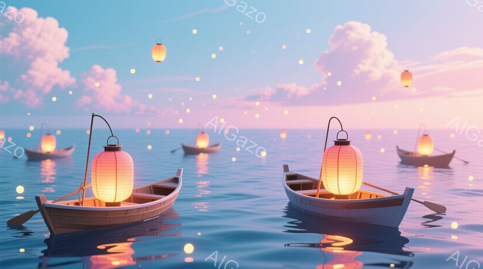 静かな青い海に、灯りをともした小舟が浮かんでいます。それぞれの舟には、暖かく光る提灯が設置され、水面に美しい反射を生み出しています。背景には穏やかな夕焼け空と、ふわふわとした雲が広がり、幻想的で平和な雰囲気を醸し出しています。