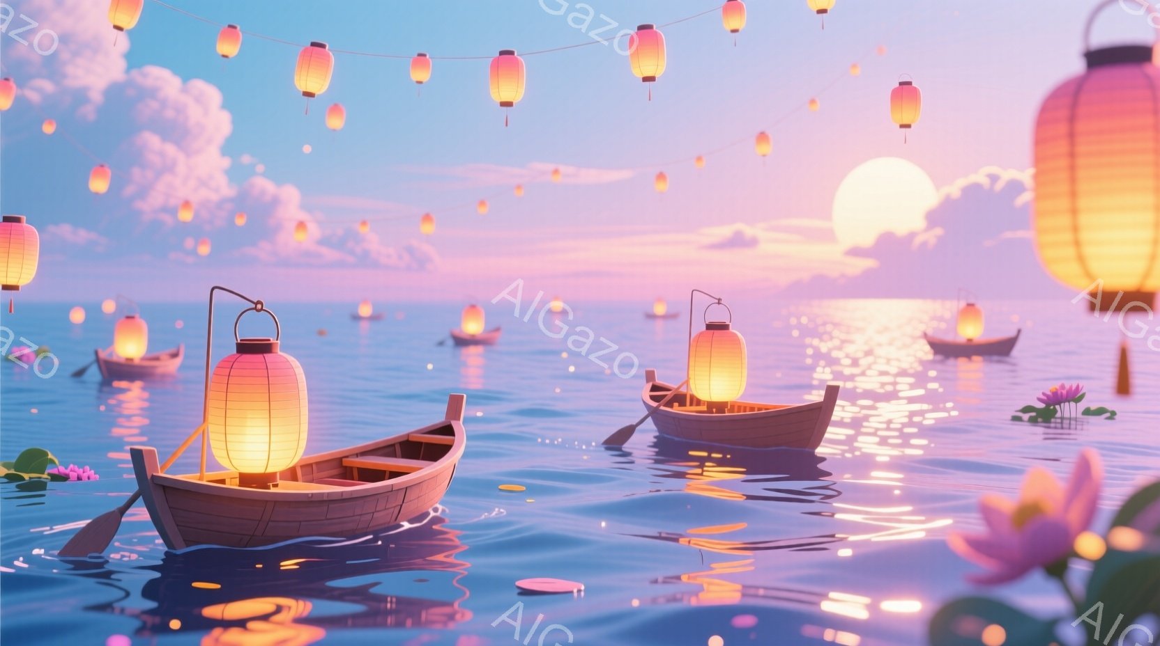 静かな水面に、提灯を灯した小舟が浮かび、ピンクとオレンジ色の空が水面に反射している。蓮の花が水面を彩り、遠くには太陽が沈みかけている穏やかな夕暮れの風景だ。全体的に幻想的で、平和な雰囲気が漂っている。 - AI生成フリー素材