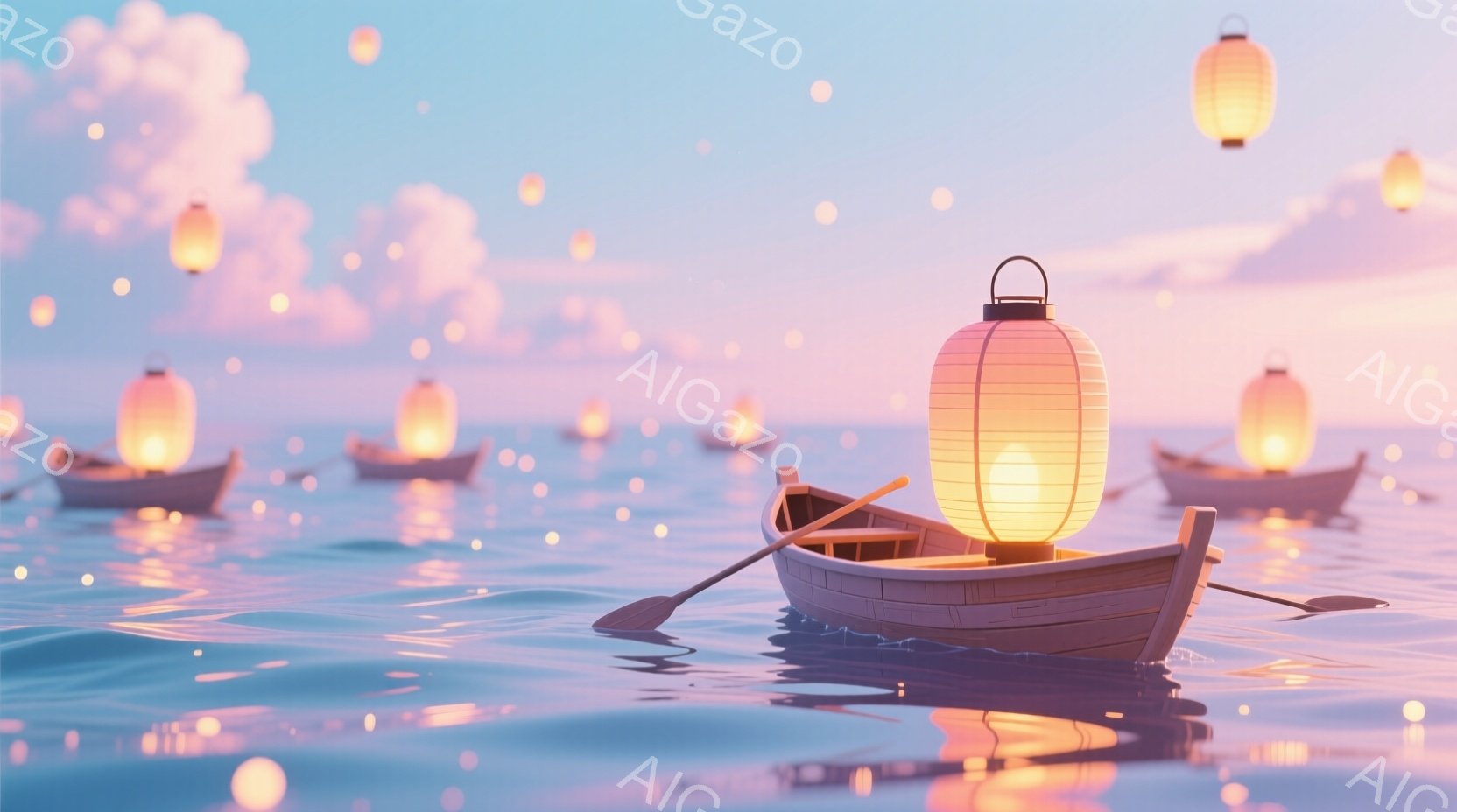 静かな水面に、提灯を灯した小舟が多数浮かんでいる。空は柔らかいピンクと水色で彩られ、水面には提灯の光がゆらゆらと反射し、幻想的な雰囲気を醸し出している。穏やかな波と空のグラデーションが、静寂で平和な情景を作り出している。
