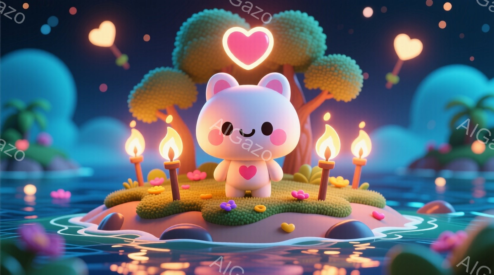 桃色の可愛らしい子犬が、緑の円盤状の島の中央に立っています。周囲には小さなキャンドルが灯され、ピンクや黄色の花々が咲き乱れ、明るい雰囲気を作り出しています。背景は暗い水面と、遠くに見えるピンク色の植物 - AI生成フリー素材
